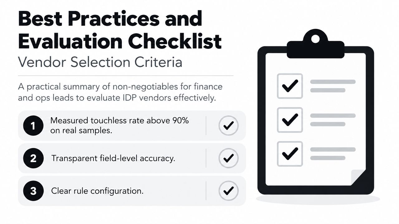 A checklist showing three key evaluation criteria for selecting Intelligent Document Processing vendors for businesses.