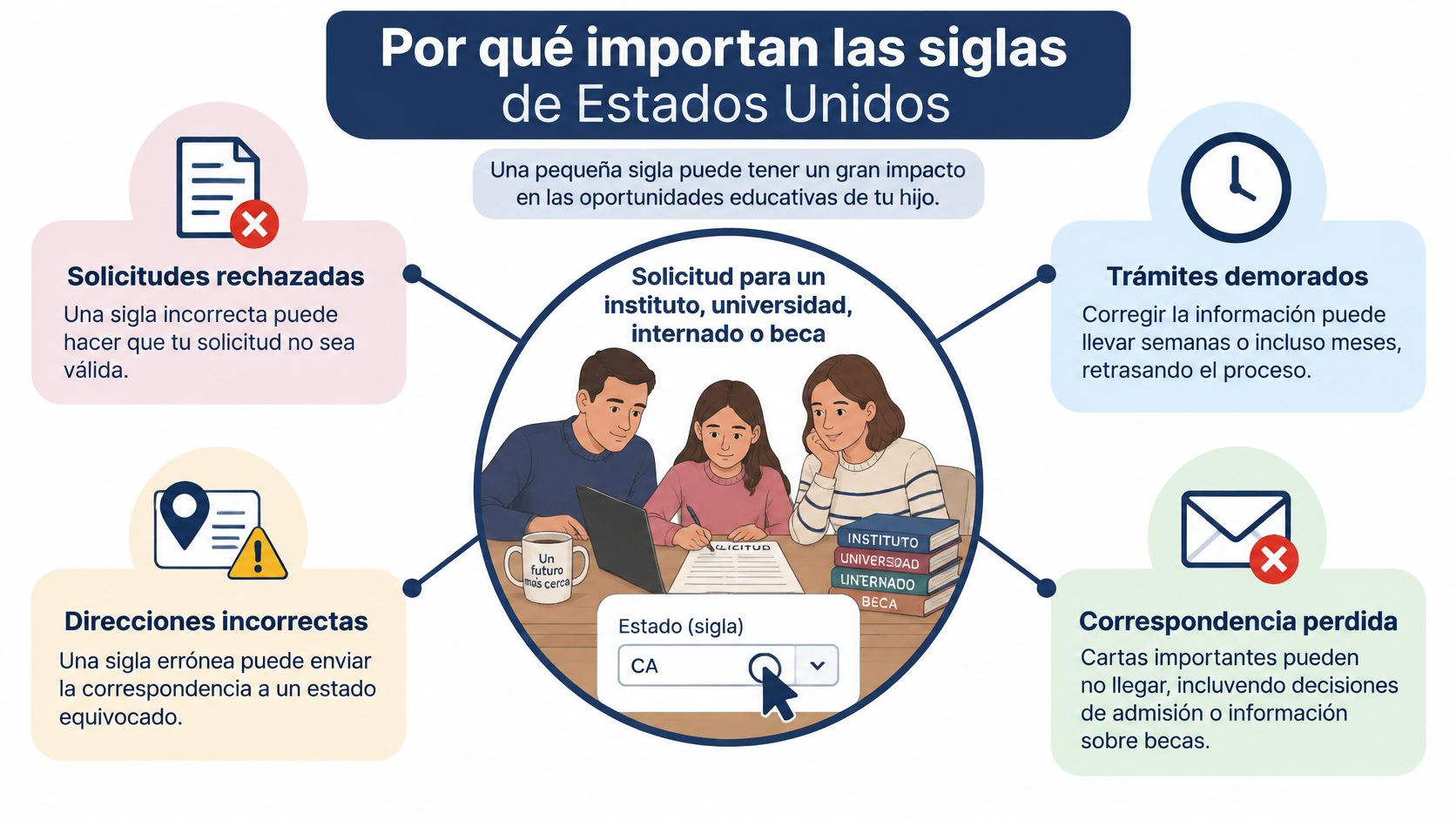 Infografía sobre la importancia de utilizar las siglas correctas de los estados de Estados Unidos en trámites.