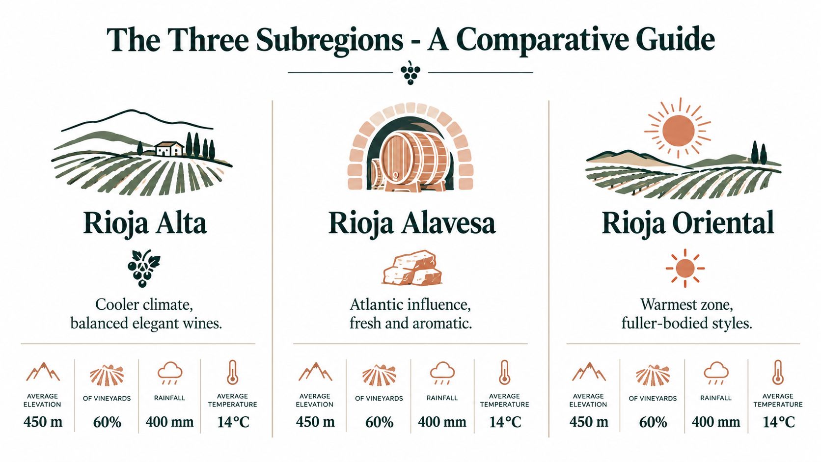 An infographic comparing the three subregions of the Rioja wine region with illustrations and descriptive text.