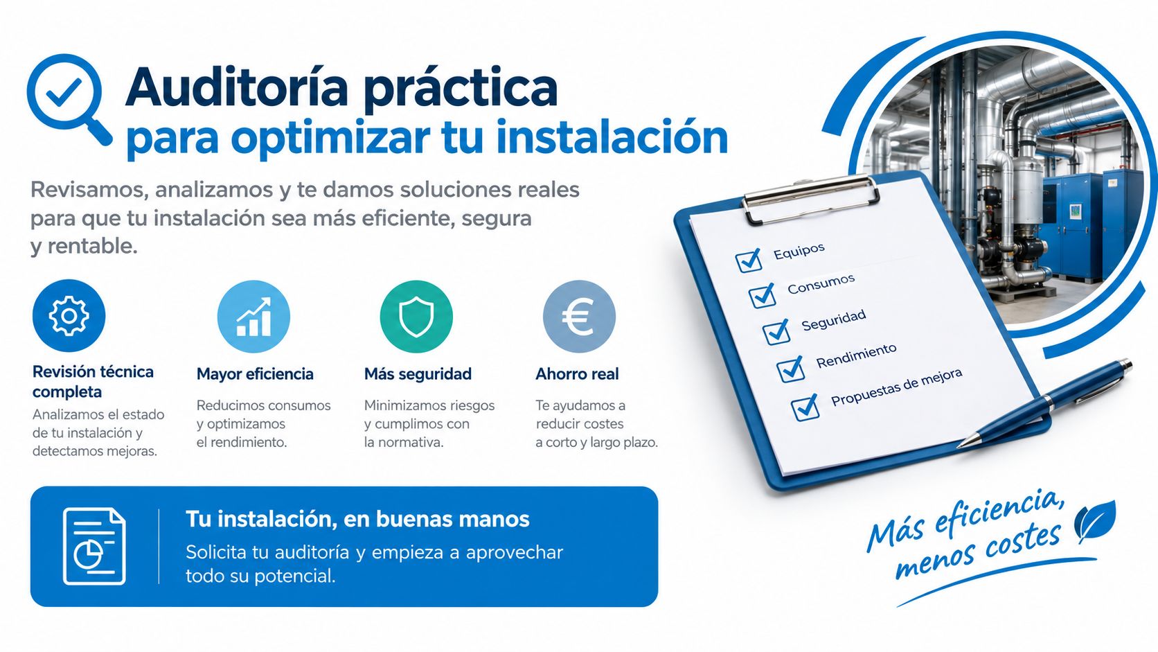 Infografía promocional sobre auditoría técnica para optimizar la eficiencia y reducir costes en instalaciones industriales