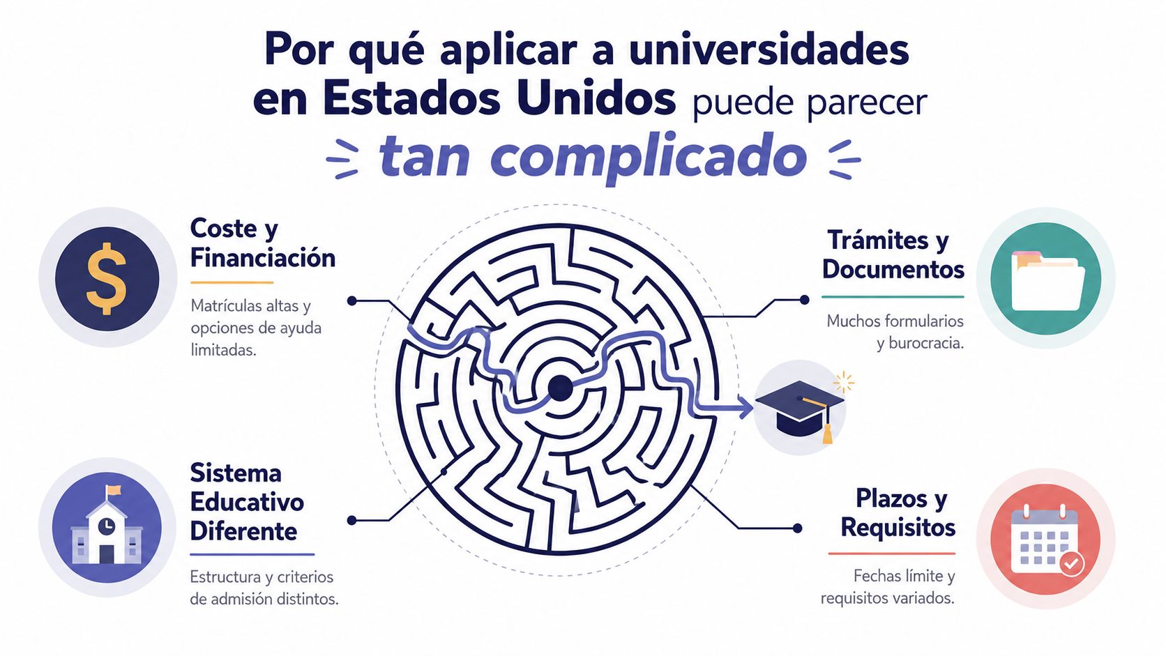 Un gráfico ilustrando los cuatro desafíos principales al aplicar a universidades en Estados Unidos, representados mediante un laberinto.