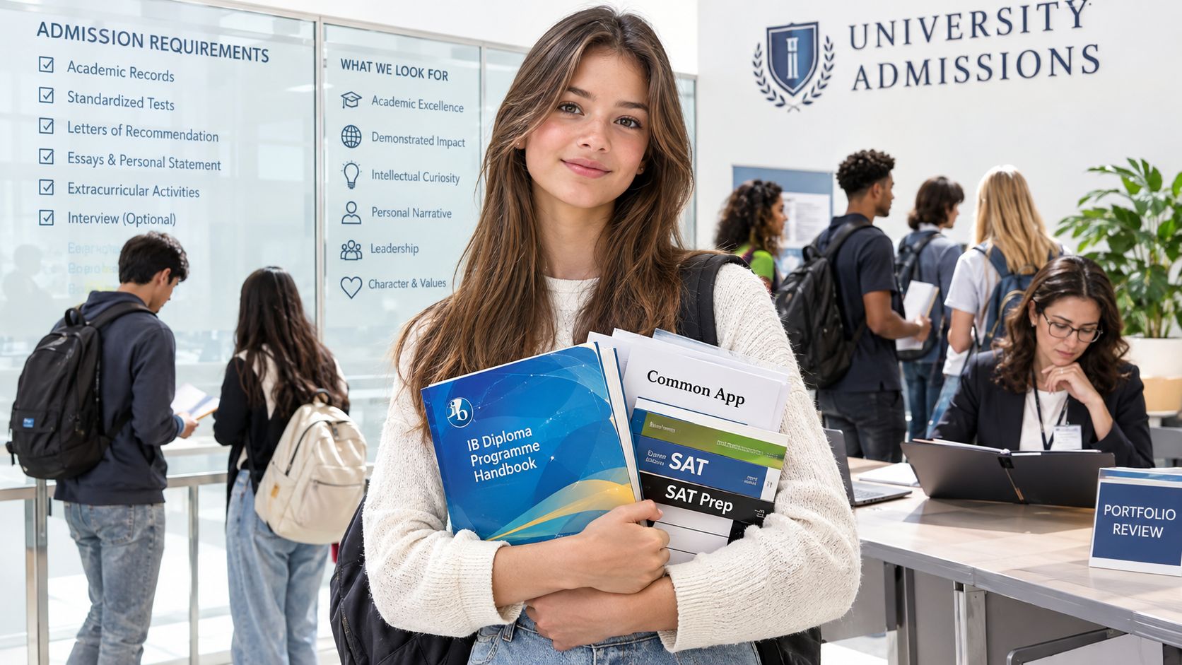 Una estudiante sosteniendo manuales educativos en una oficina de admisiones universitarias con otros estudiantes de fondo.