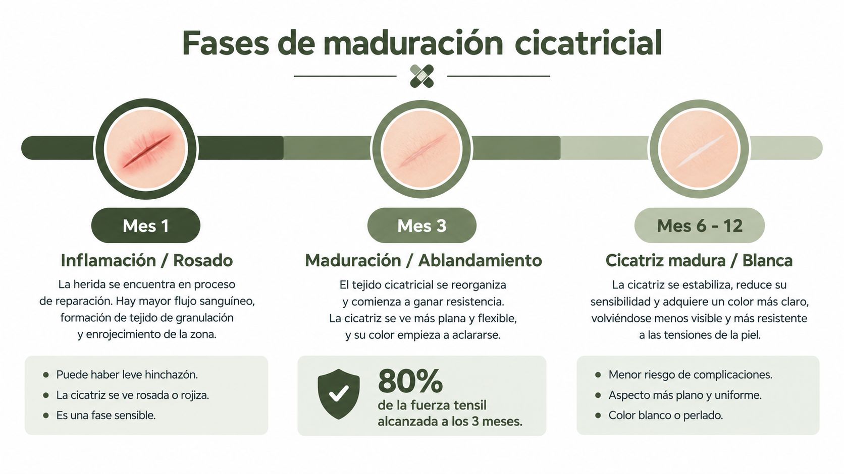 Infografía sobre las fases de maduración de una cicatriz tras una intervención quirúrgica como la blefaroplastia.