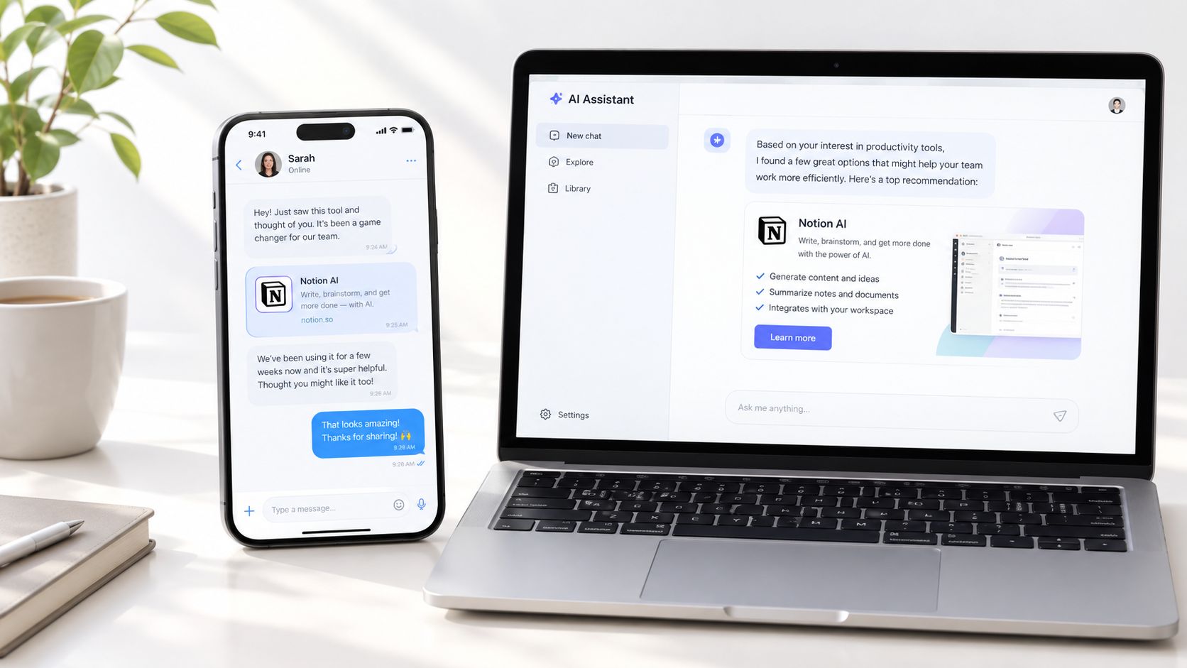 A smartphone showing a messaging app next to a laptop displaying an AI assistant interface on a desk.