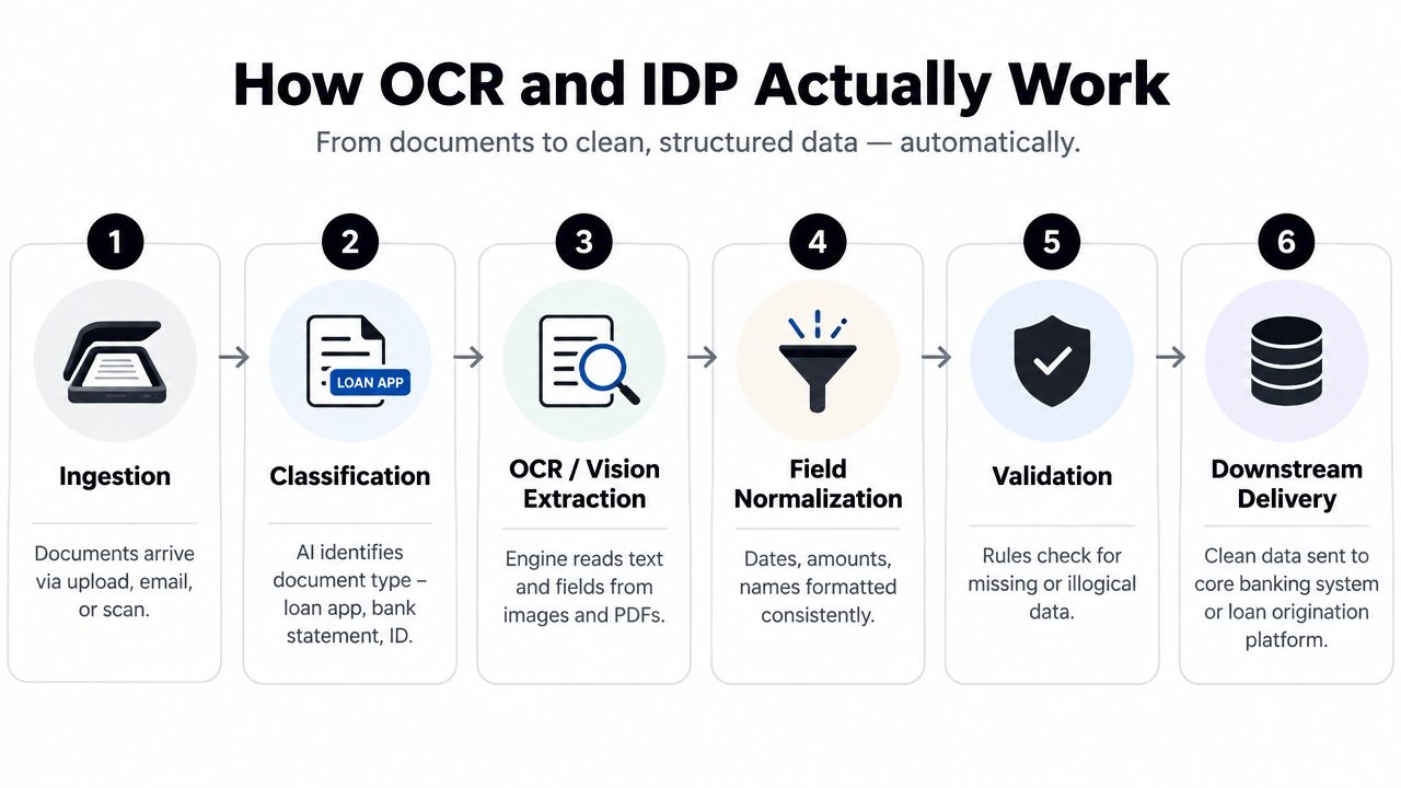 A six-step infographic showing the OCR and IDP process for converting documents into structured banking data.