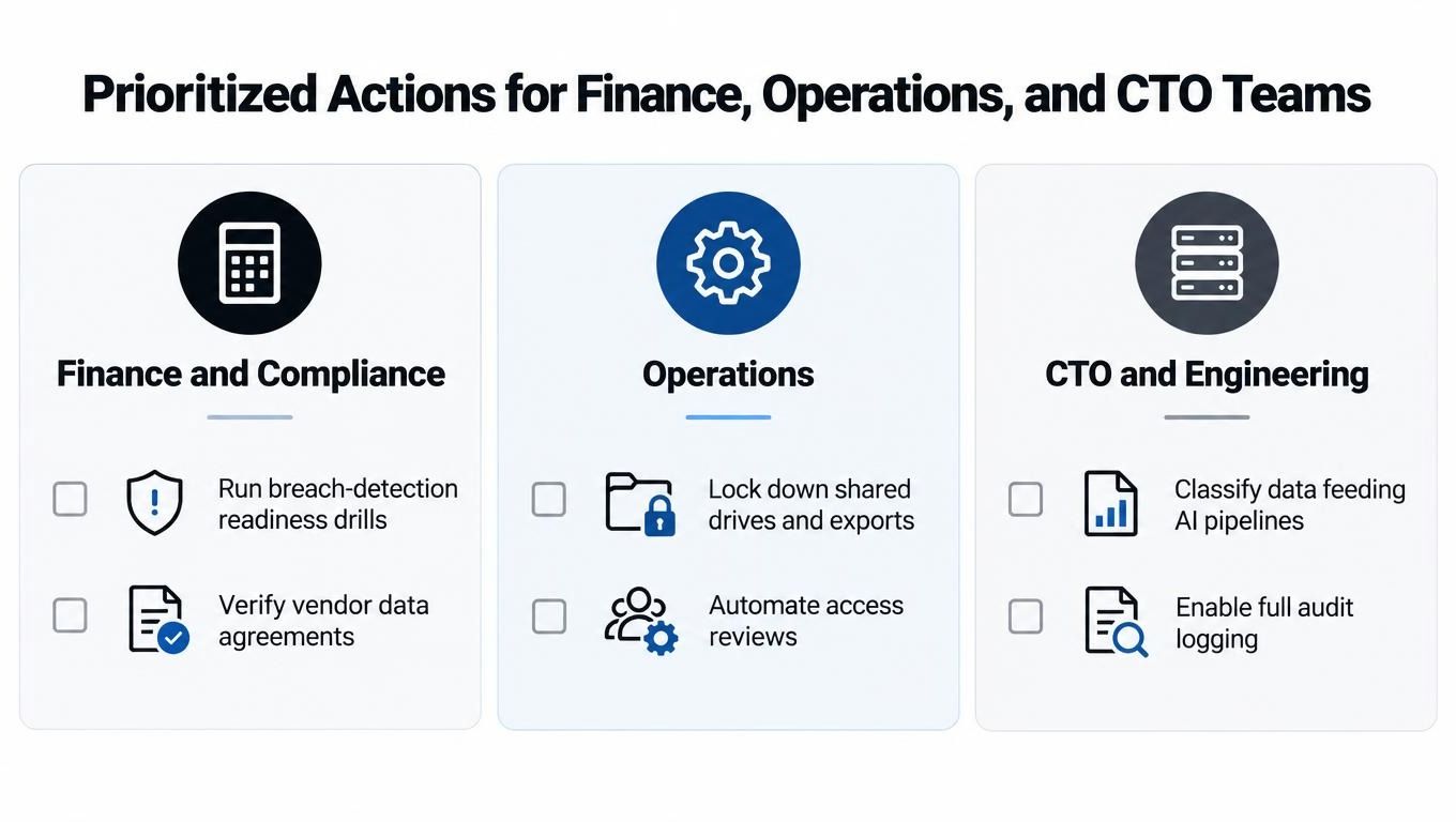A chart detailing prioritized data security actions for Finance, Operations, and Engineering teams to implement effectively.