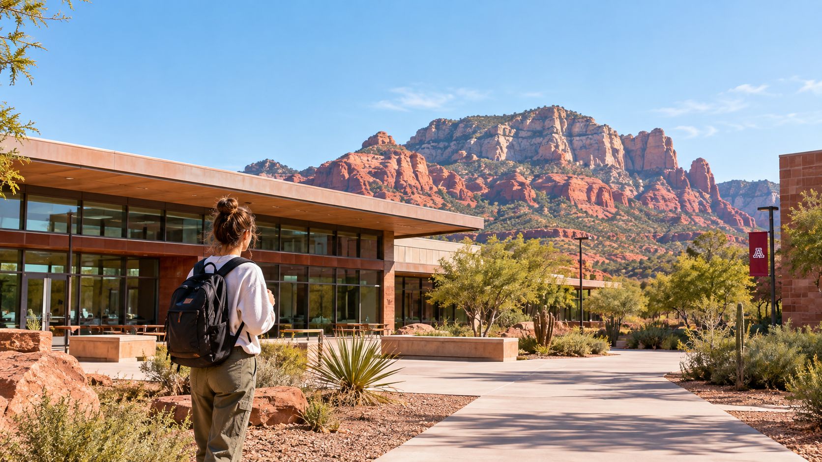 Una estudiante con mochila mirando hacia unas montañas rocosas frente a un edificio moderno en Arizona.