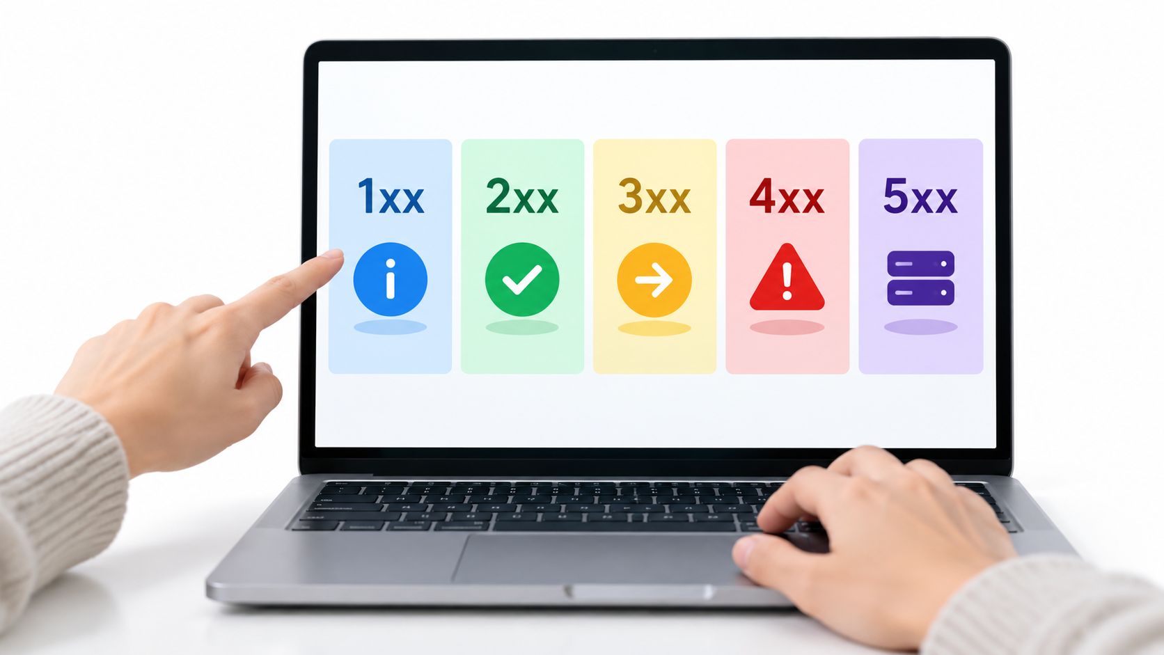 A person using a laptop displaying an infographic about HTTP REST API response code status categories.
