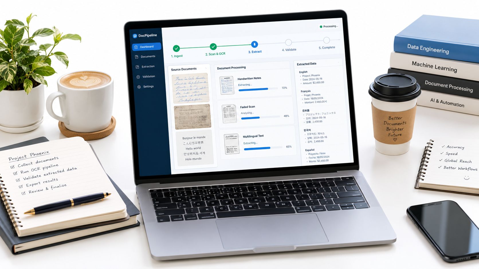 A laptop on a clean desk displays a DocPipeline dashboard processing multiple documents with various extraction statuses.