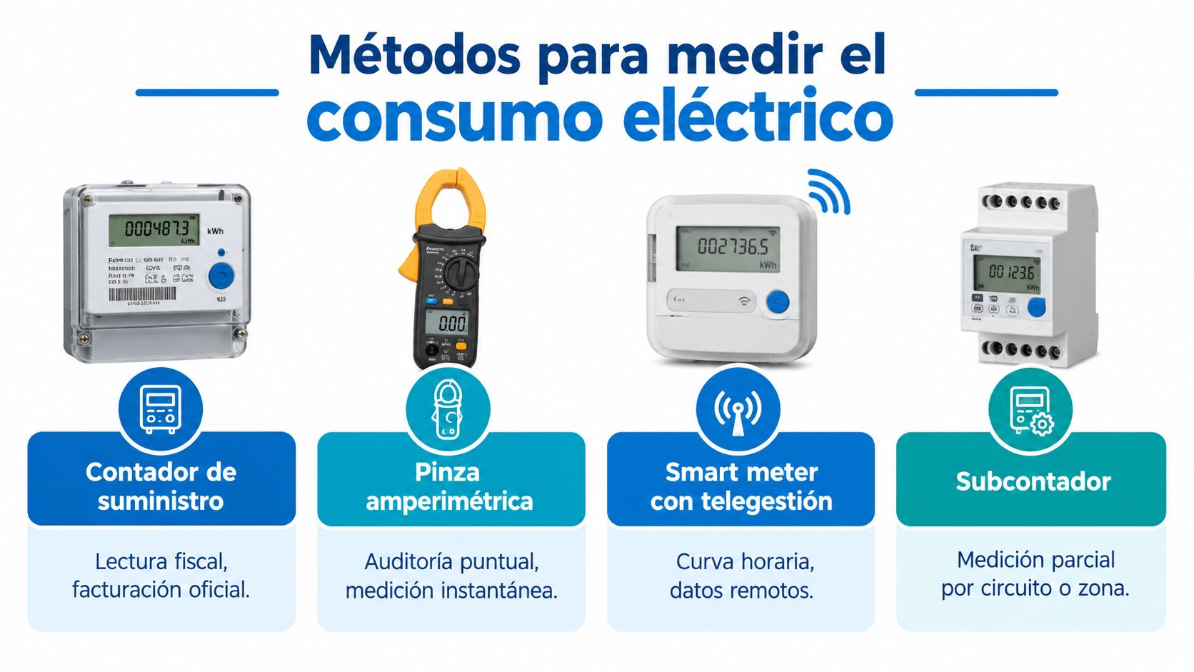 Cuatro dispositivos de medición de energía eléctrica para auditorías, facturación y control de consumo en instalaciones.