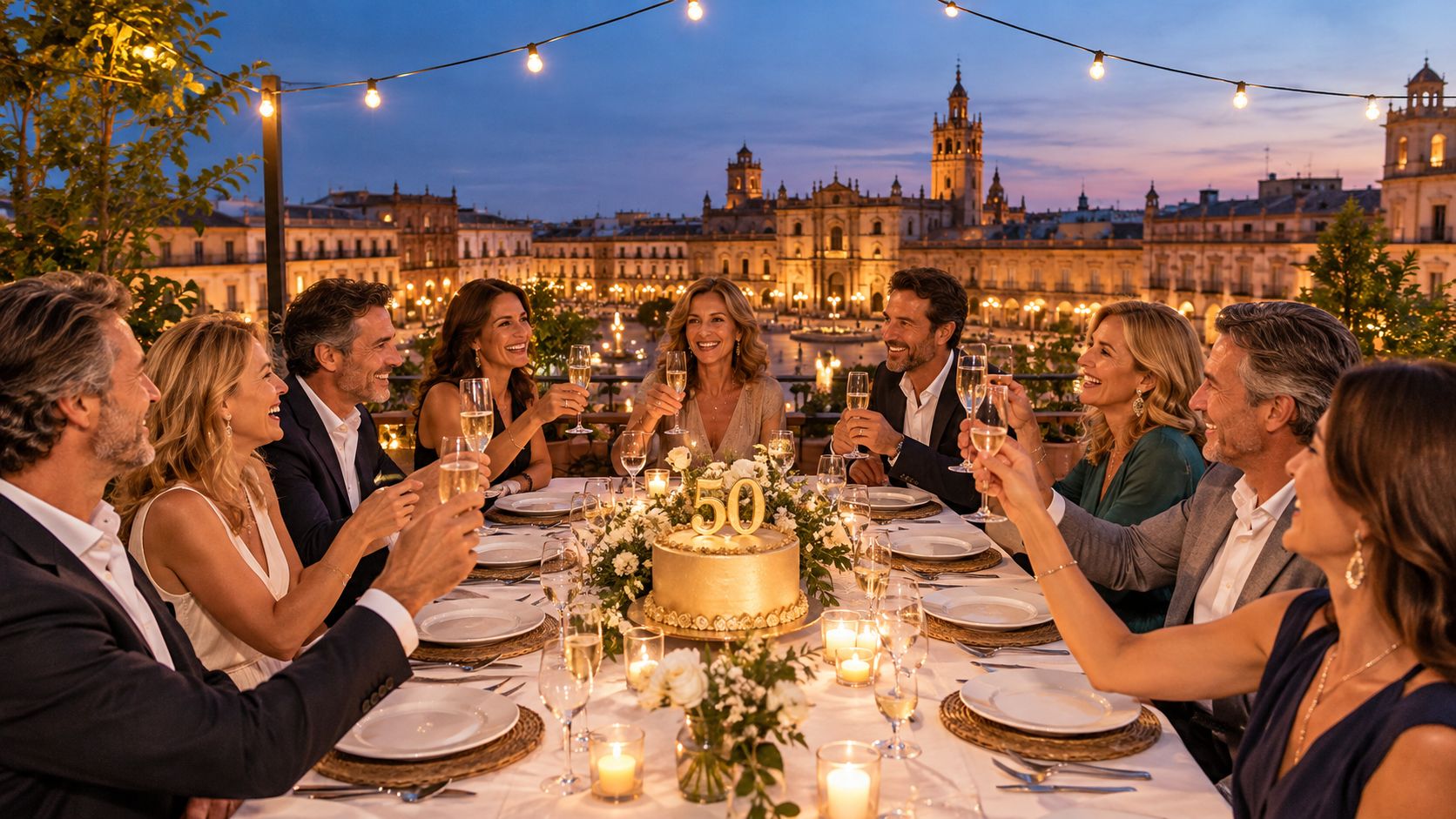 A group of elegant adults celebrating an anniversary with champagne and cake on a scenic outdoor terrace.