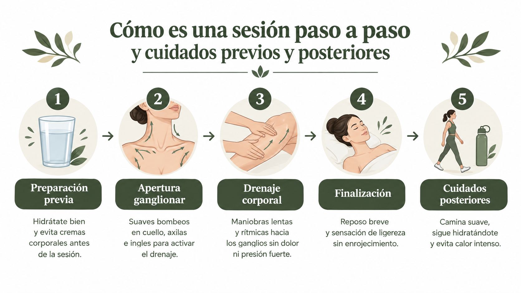 Infografía paso a paso que explica el proceso, preparación y cuidados de una sesión de drenaje linfático corporal.