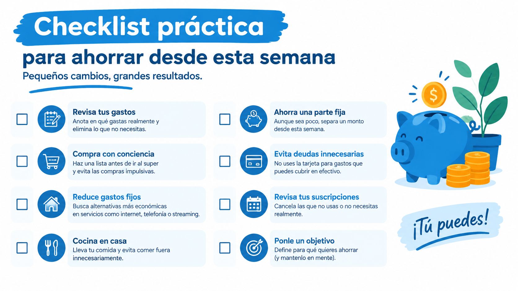 Lista de verificación práctica en español con consejos útiles para comenzar a ahorrar dinero cada semana fácilmente.
