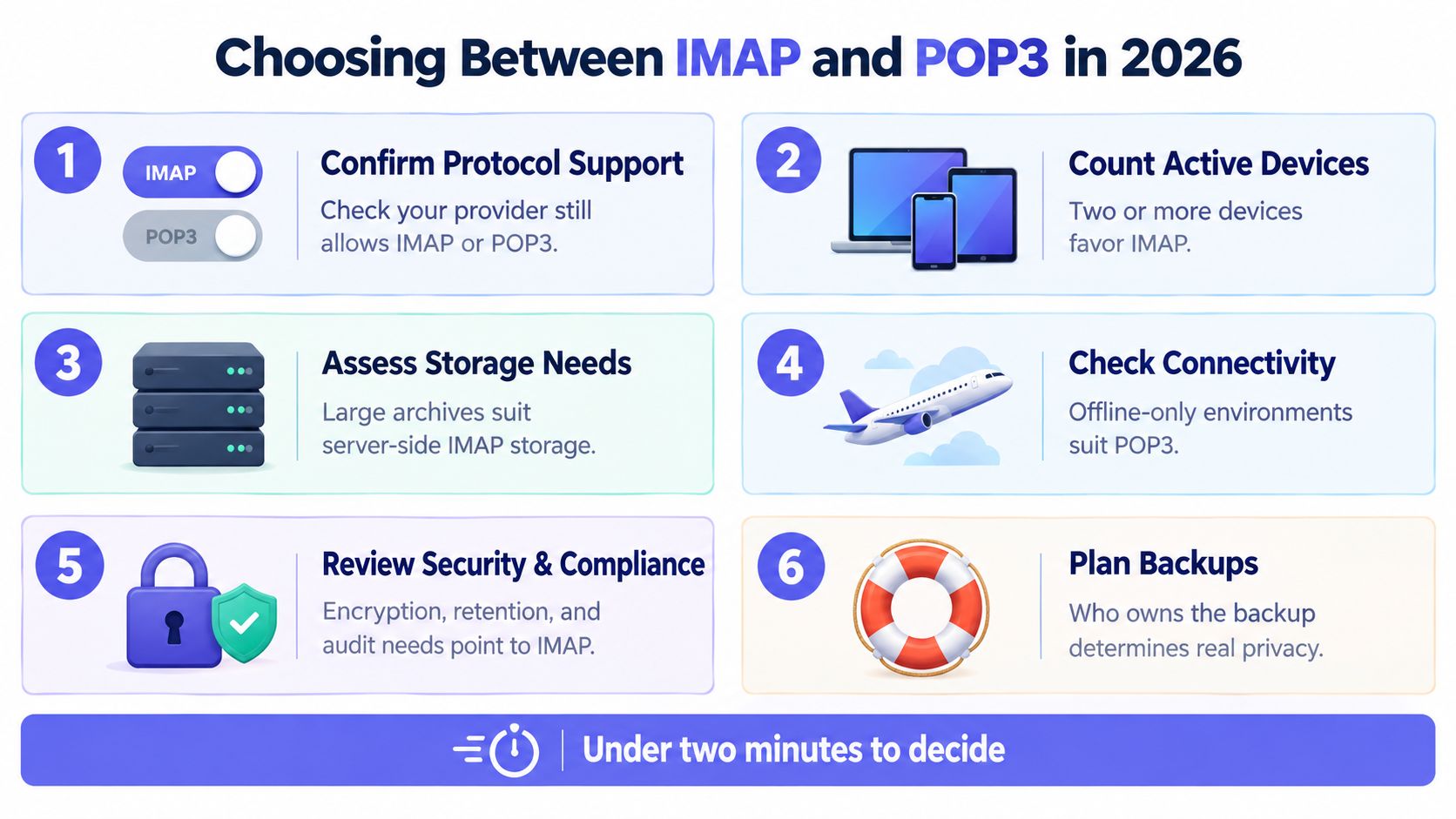 An infographic titled Choosing Between IMAP and POP3 in 2026, showing six decision factors for email protocols.