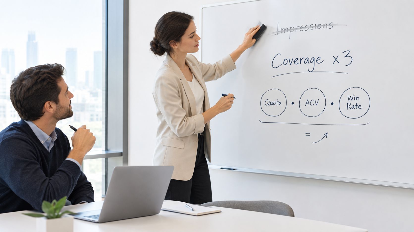 A businesswoman explaining a sales pipeline plan to a colleague on a whiteboard in an office.