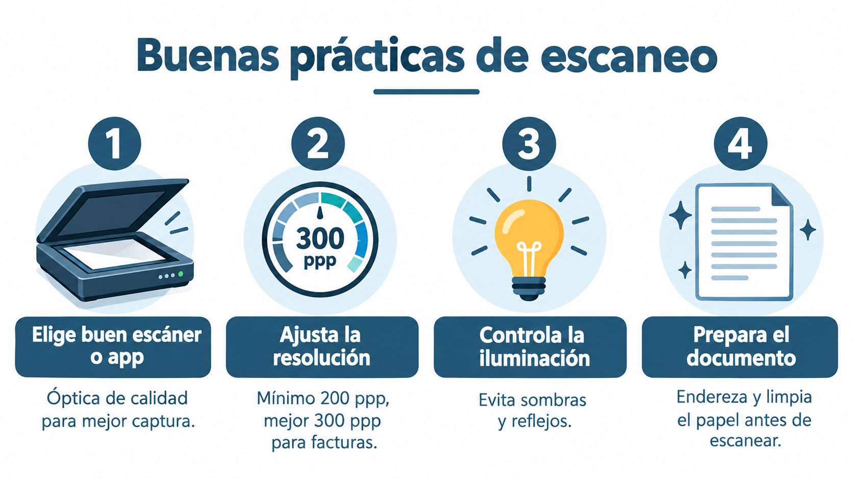 Infografía con cuatro consejos esenciales para obtener escaneos de alta calidad para digitalización de documentos.