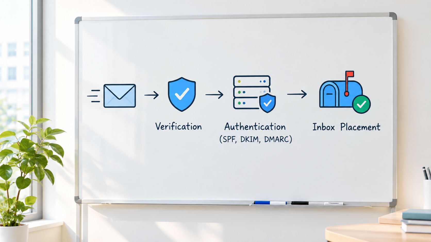 A whiteboard diagram illustrating the email process from verification and authentication to successful inbox placement.