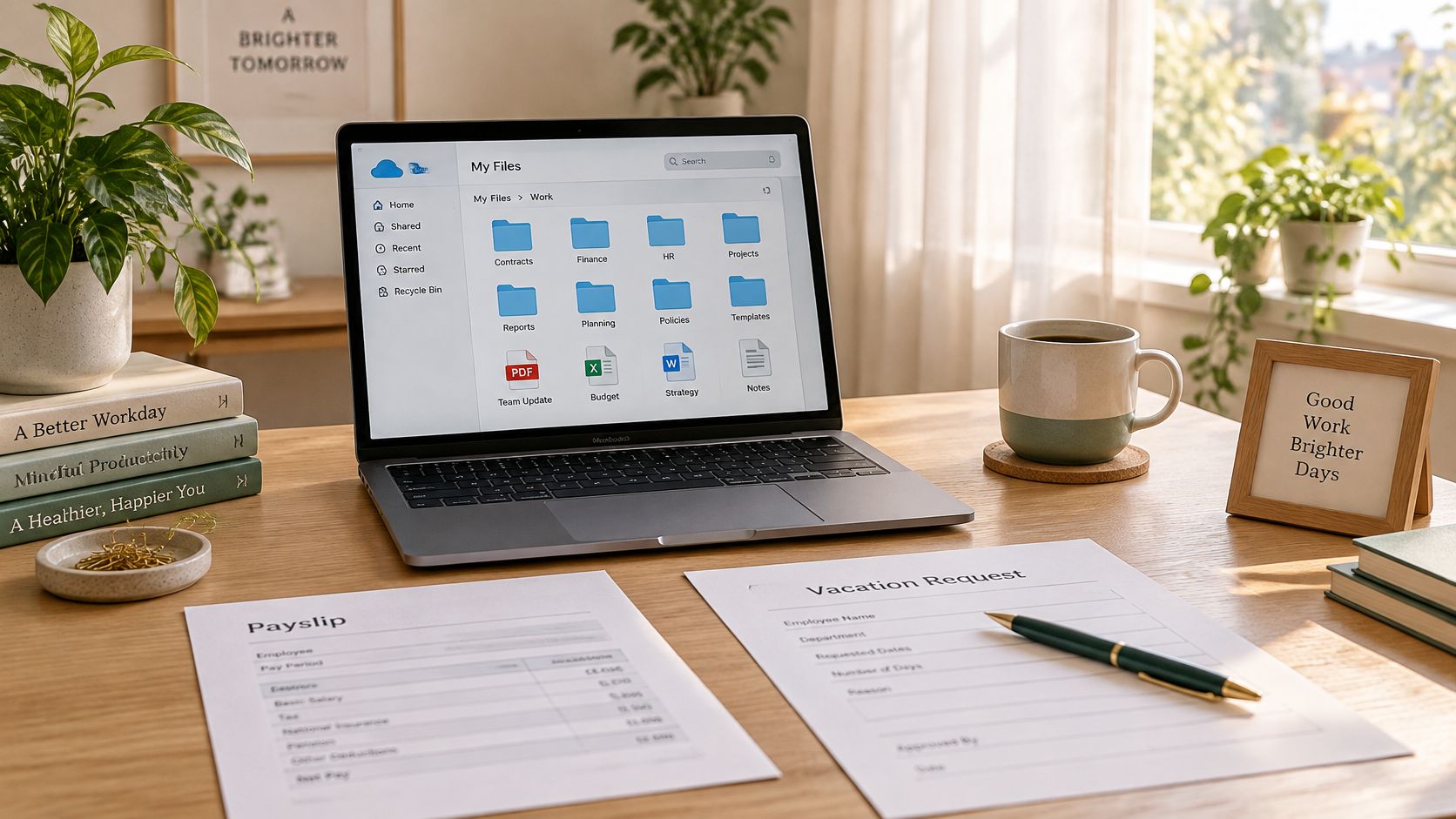 Un escritorio de oficina organizado con un portátil mostrando archivos, documentos de nómina y solicitudes de vacaciones.