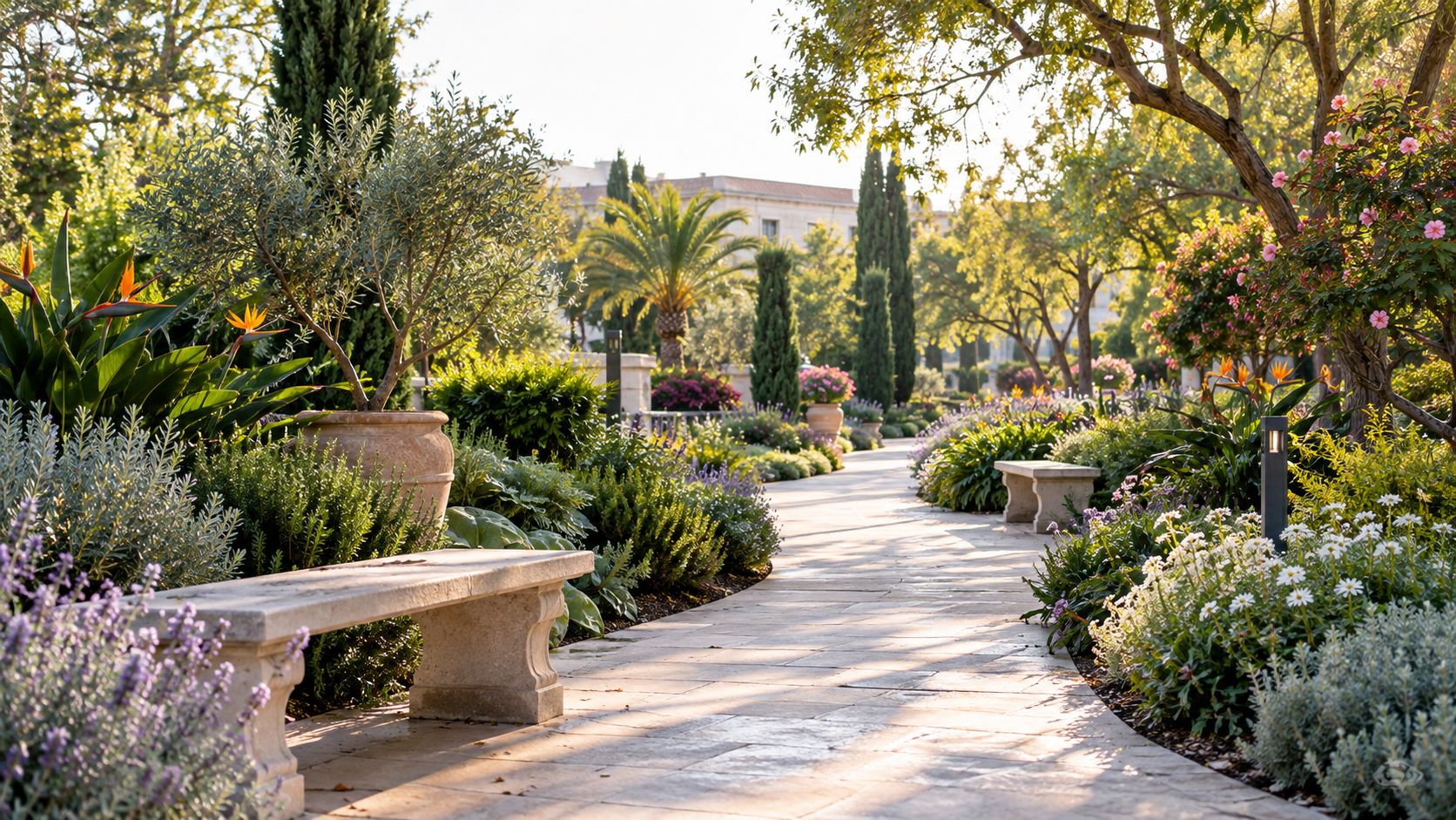 A serene stone pathway winding through a beautifully landscaped garden with benches, colorful flowers, and Mediterranean trees.