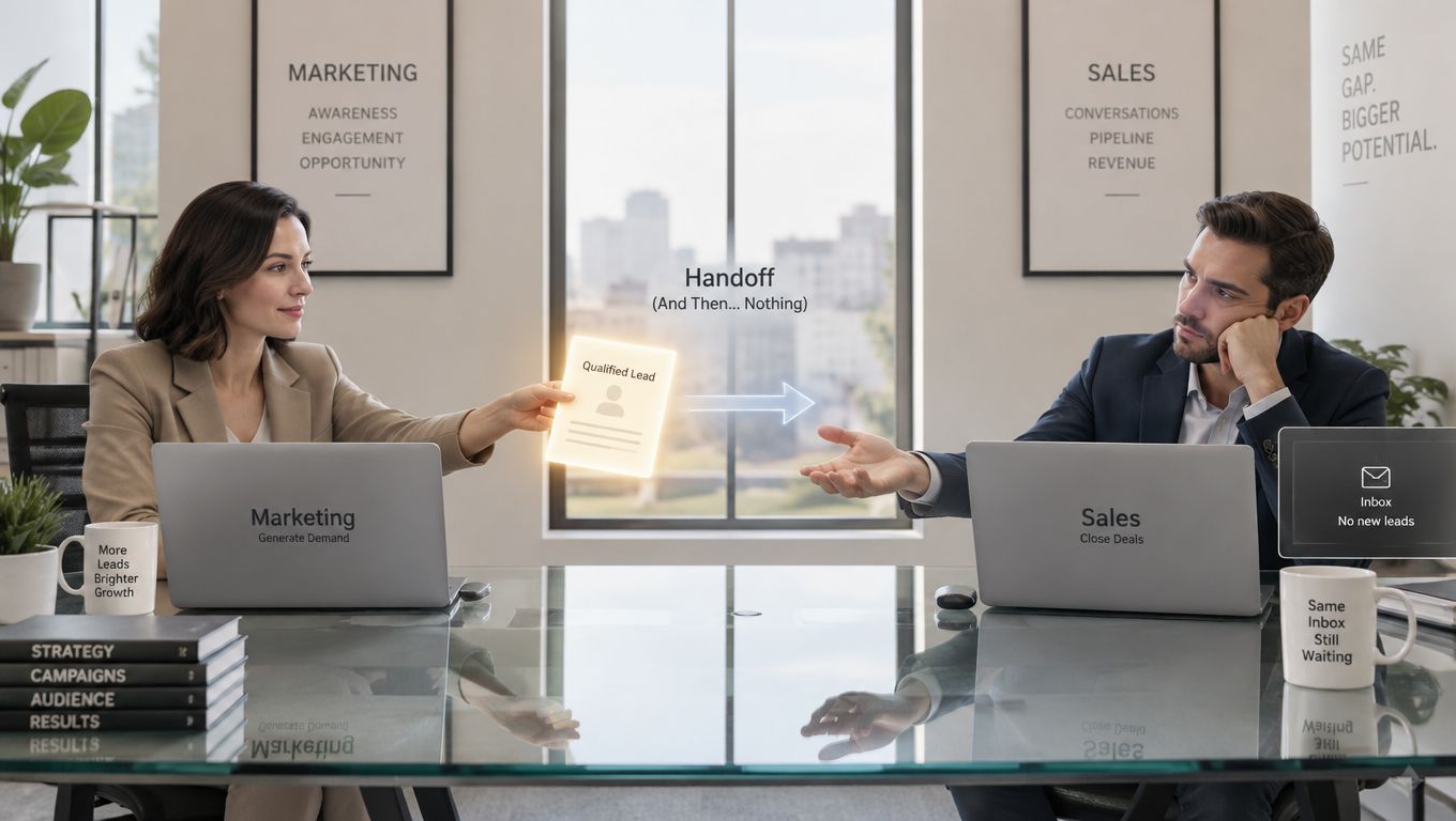 A marketing professional handing a lead to a disengaged sales professional at an office desk.