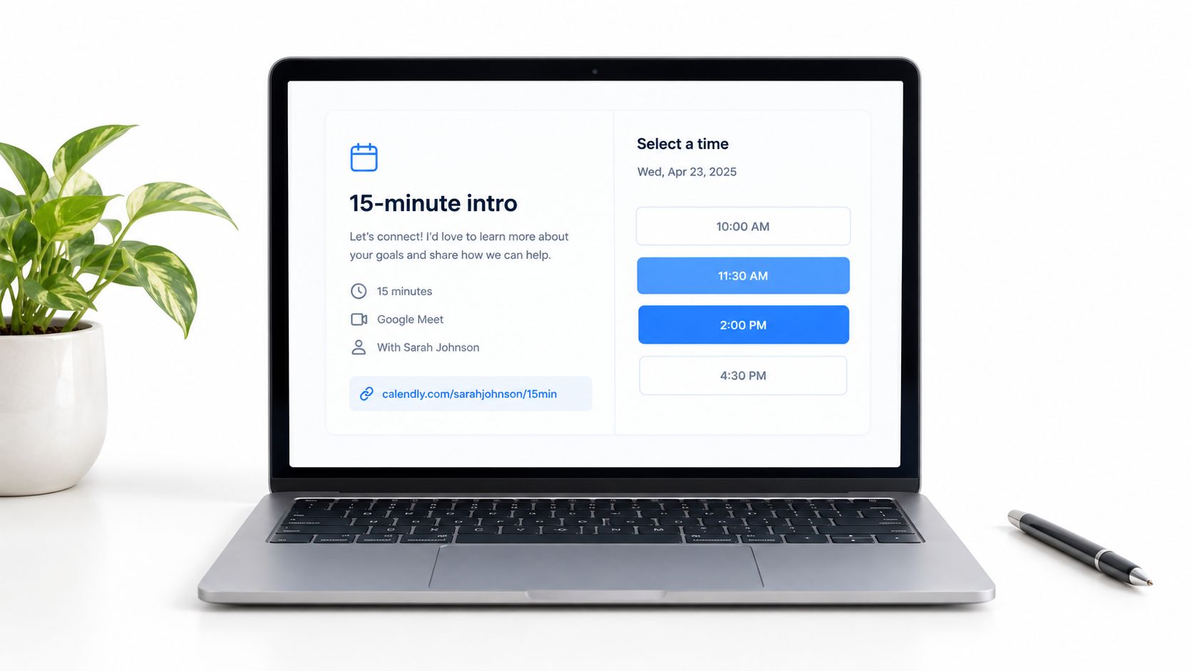 A laptop open on a desk showing a Calendly booking page for a 15-minute introductory meeting.