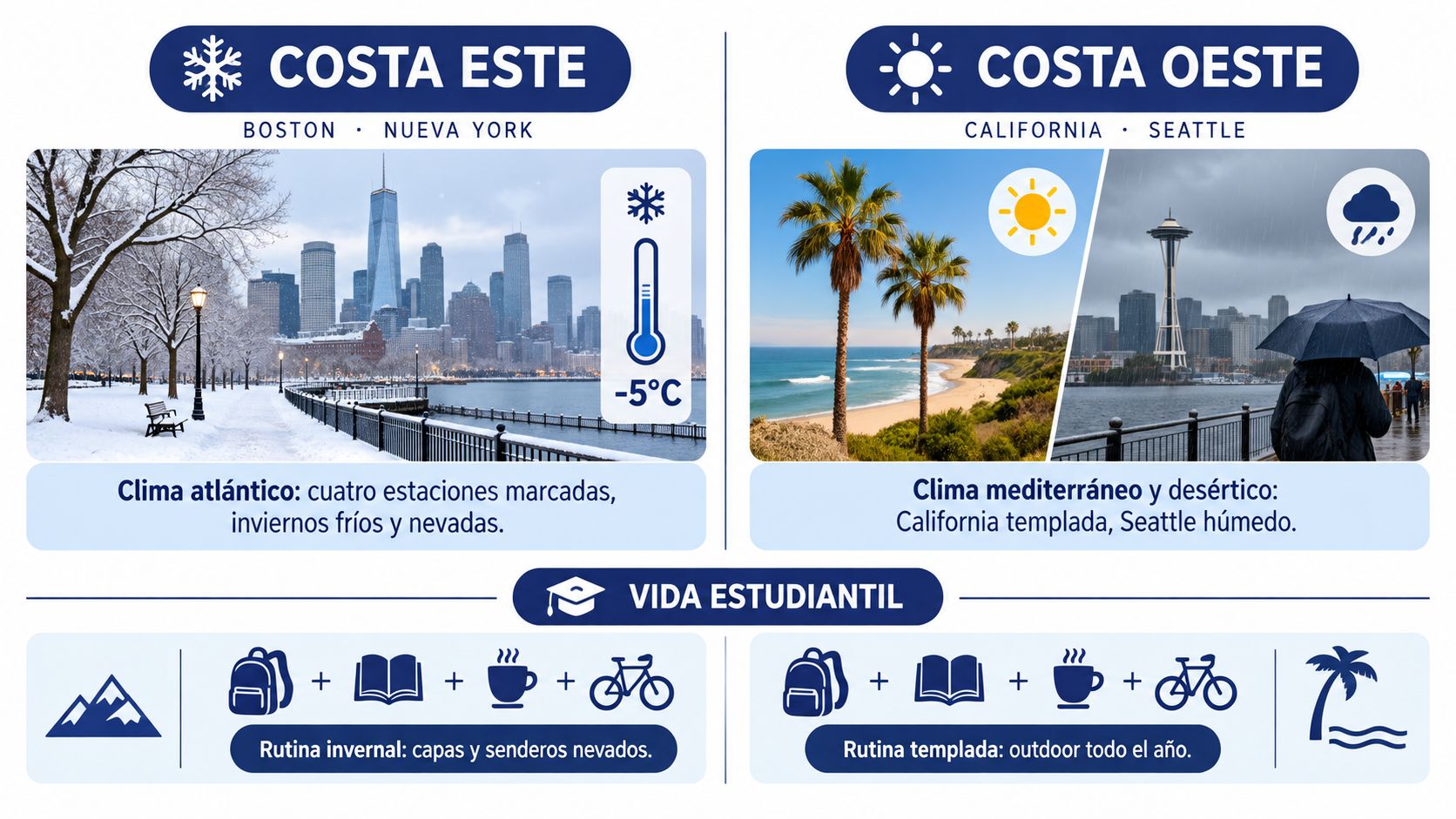 Comparativa visual entre el clima y estilo de vida estudiantil en la Costa Este y Oeste.