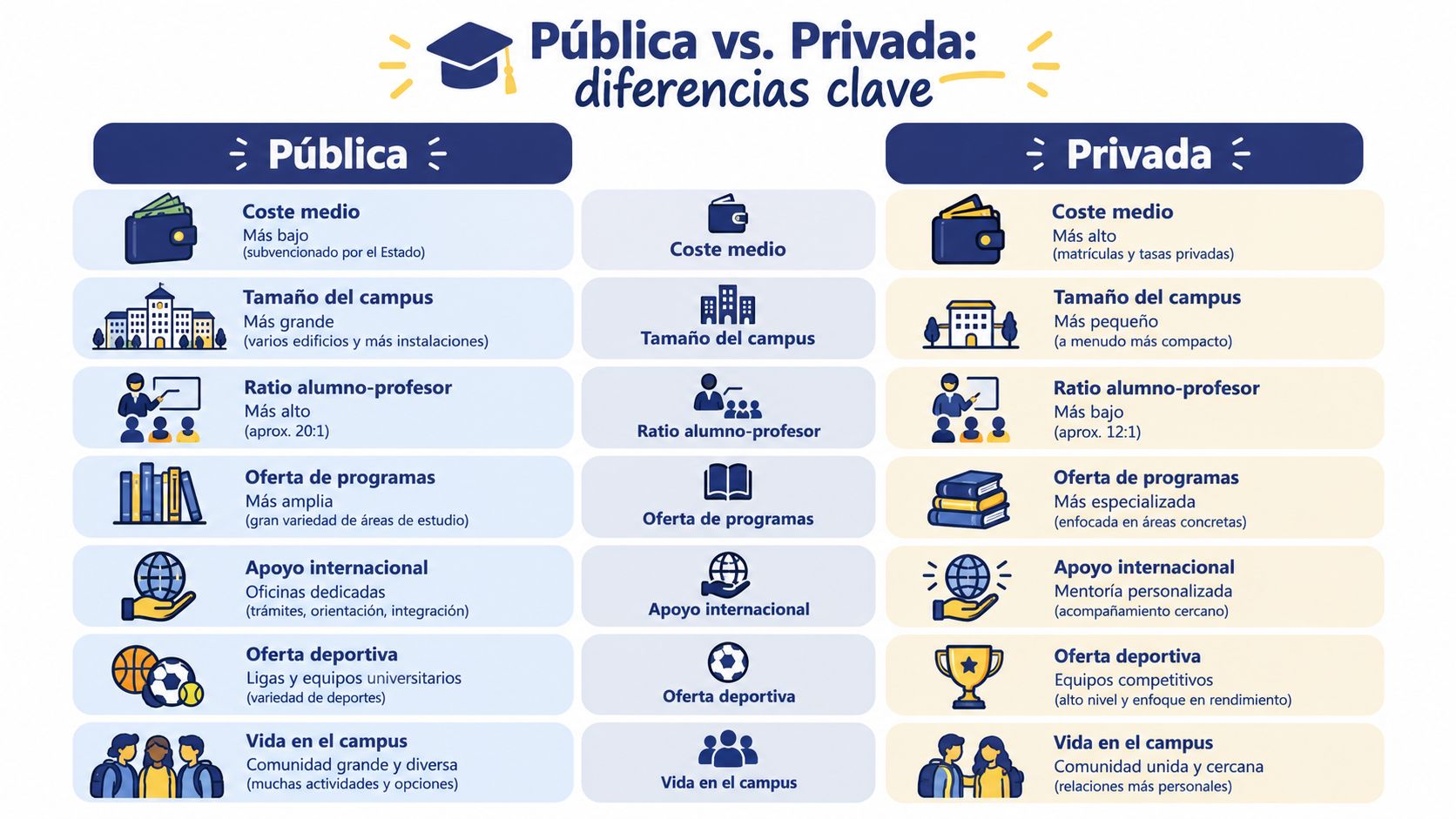 Infografía comparativa que muestra las principales diferencias entre universidades de gestión pública y de gestión privada.