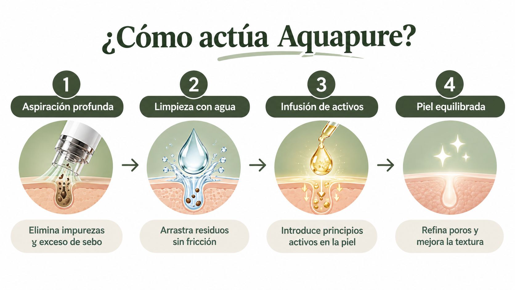 Infografía que explica el proceso de cuatro pasos del tratamiento facial Aquapure para limpiar y renovar la piel.