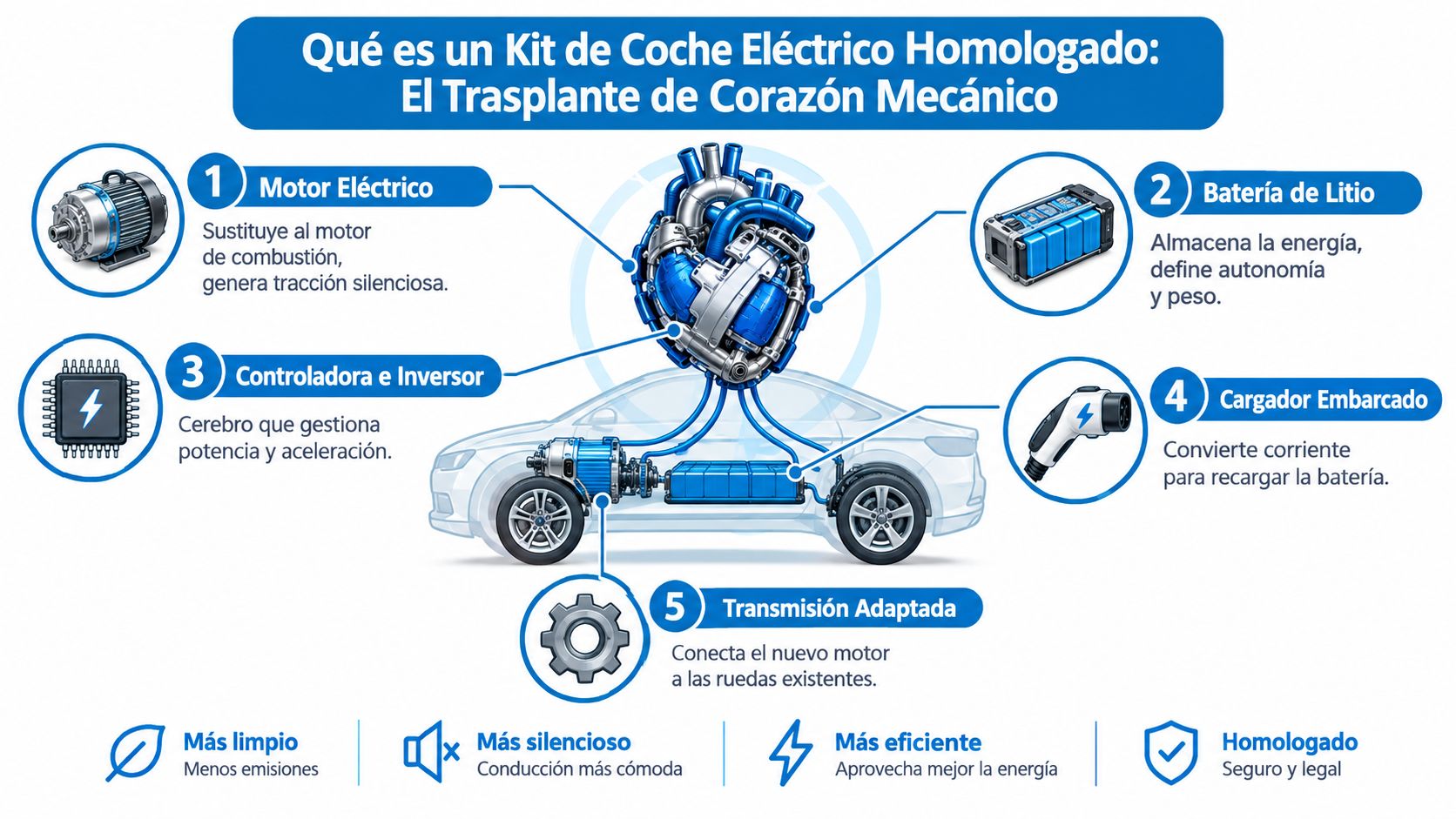 Infografía que explica los cinco componentes principales de un kit de conversión para coche eléctrico homologado.