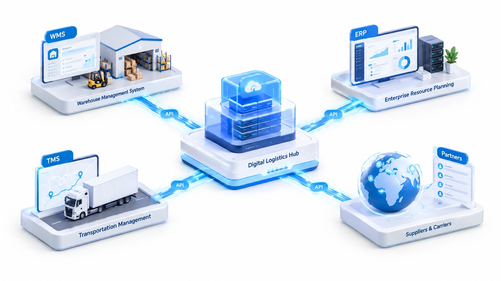 A digital logistics hub connecting various business systems like WMS, ERP, and TMS via API integration.