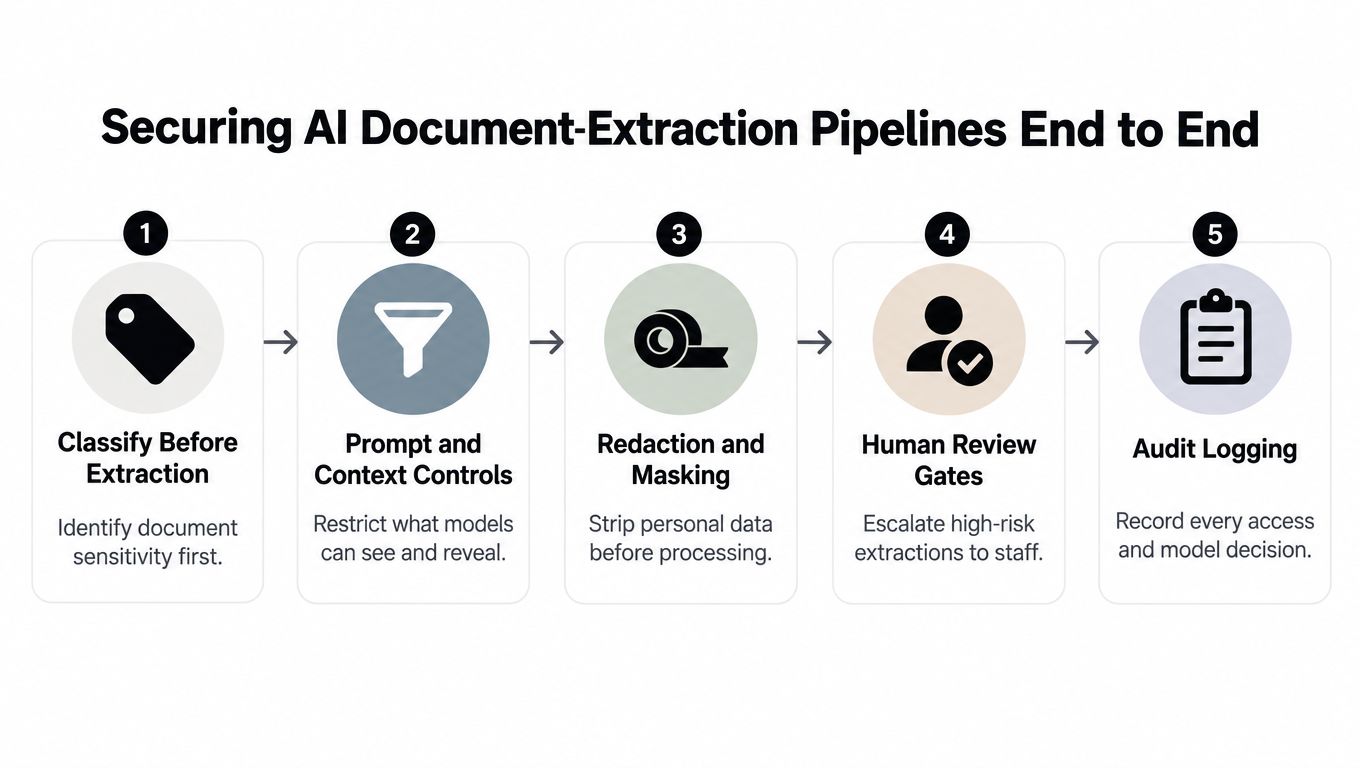 A five-step flowchart illustrating methods for securing AI document extraction pipelines for enhanced data privacy and security.