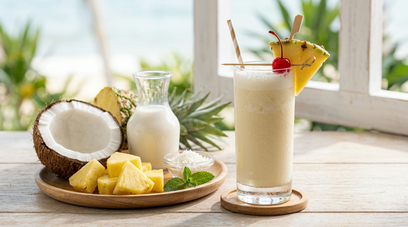 Deliciosa piña colada servida en un vaso alto con una rodaja de piña y cereza fresca.