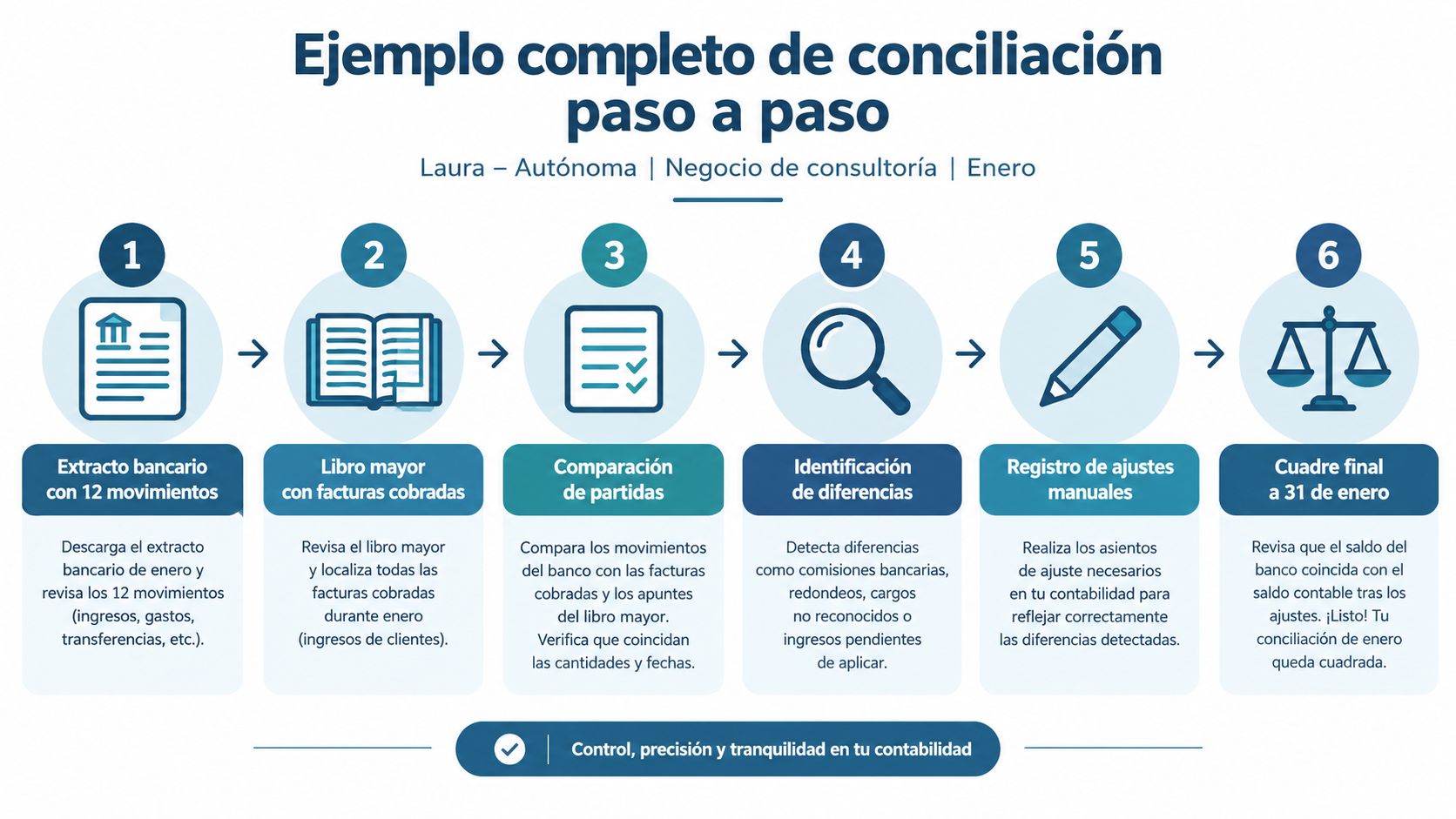 Infografía paso a paso que explica cómo realizar una conciliación bancaria para autónomos de manera sencilla.
