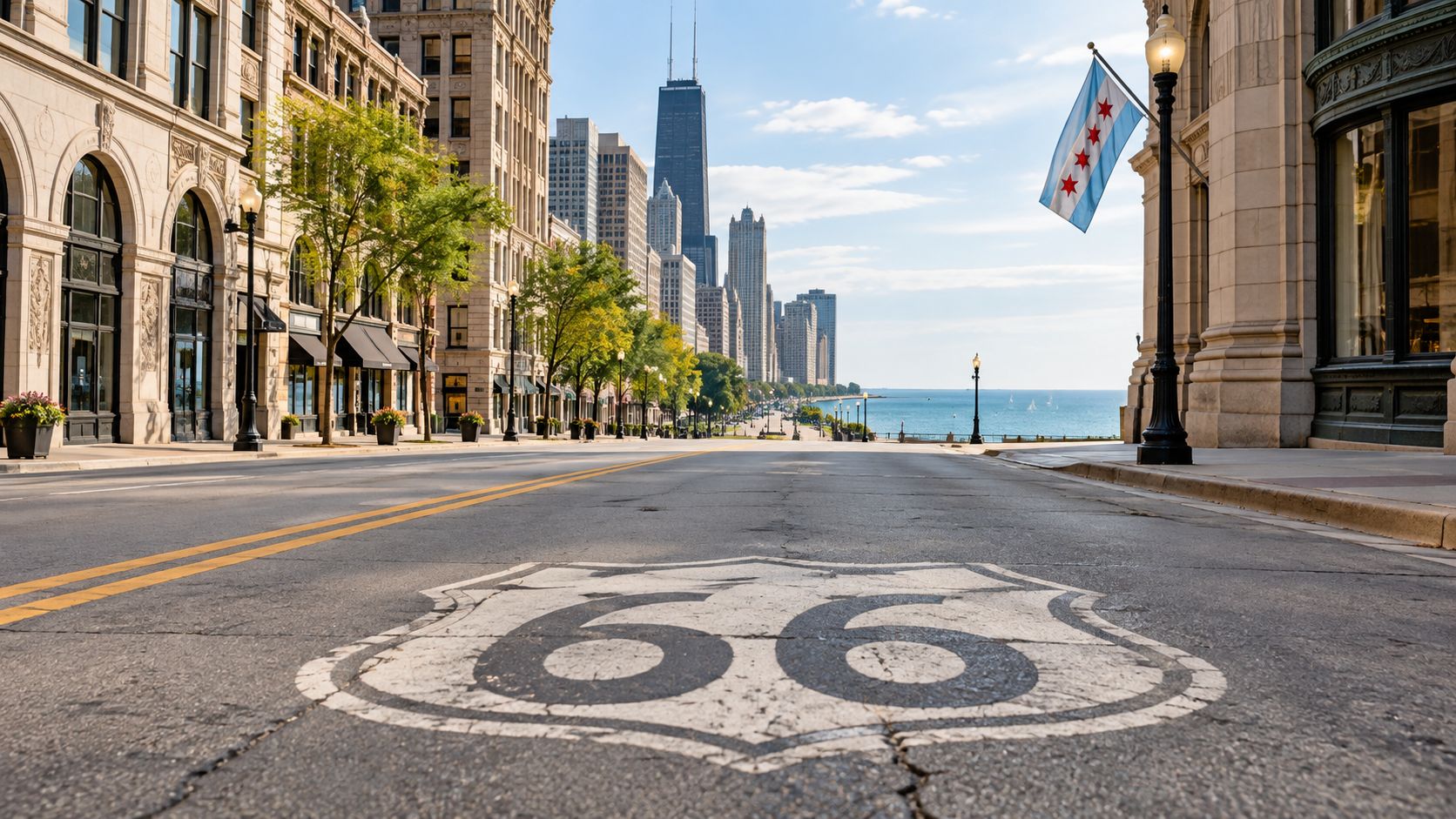 Calle de Chicago con el emblema de la Ruta 66 pintado en el asfalto bajo el cielo azul.