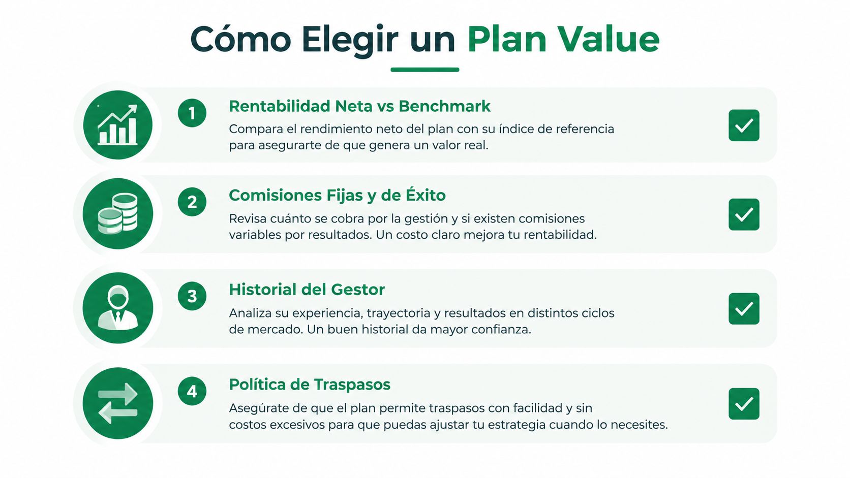 Infografía con cuatro consejos clave para elegir un plan de inversión con estrategia value correctamente.