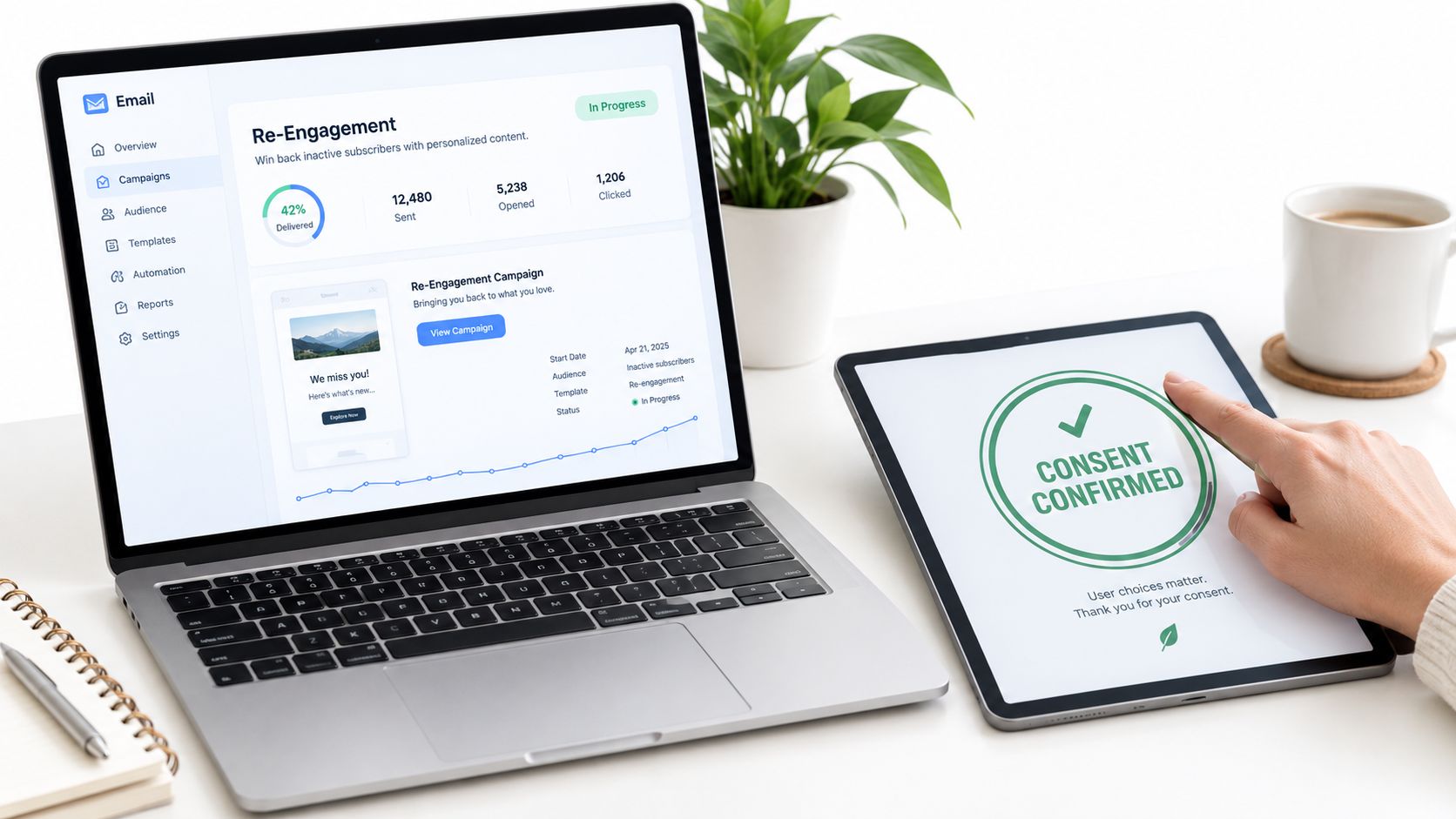 A professional desk setup featuring a laptop displaying email marketing analytics and a tablet showing consent confirmation.