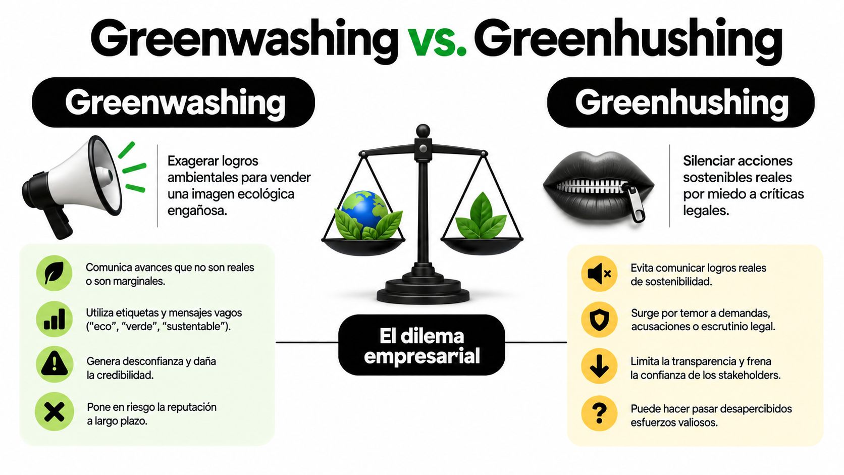 Infografía comparativa sobre greenwashing y greenhushing que explica sus definiciones, riesgos y el dilema empresarial asociado.