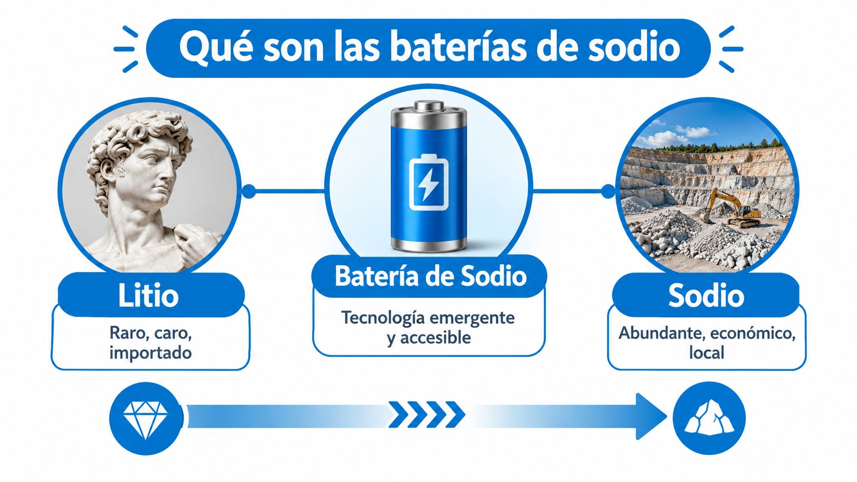 Infografía comparativa mostrando las ventajas de las baterías de sodio sobre las tradicionales baterías de litio.