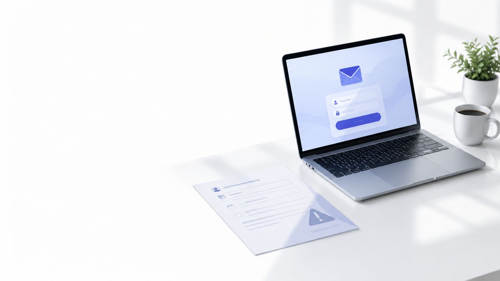 A modern desk with a laptop displaying a login interface and a paper form with warnings.