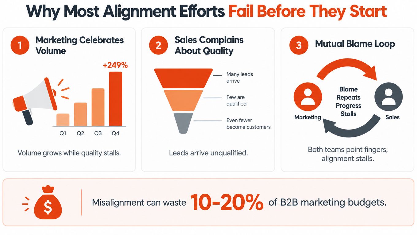 A diagram illustrating why marketing and sales teams often struggle with misalignment, leading to wasted marketing budget.