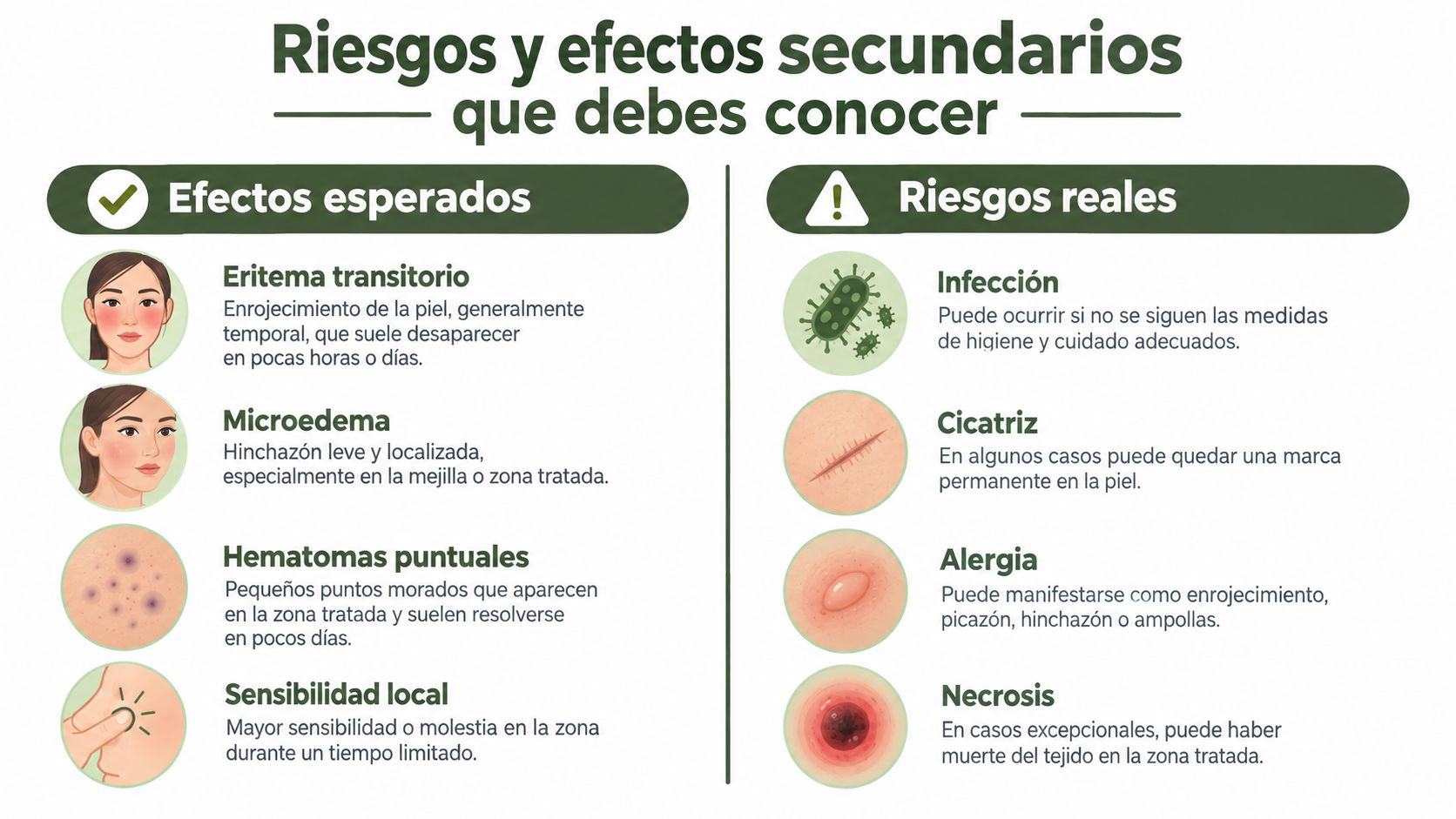 Infografía sobre los efectos esperados y riesgos reales asociados a procedimientos estéticos faciales como la mesoterapia.