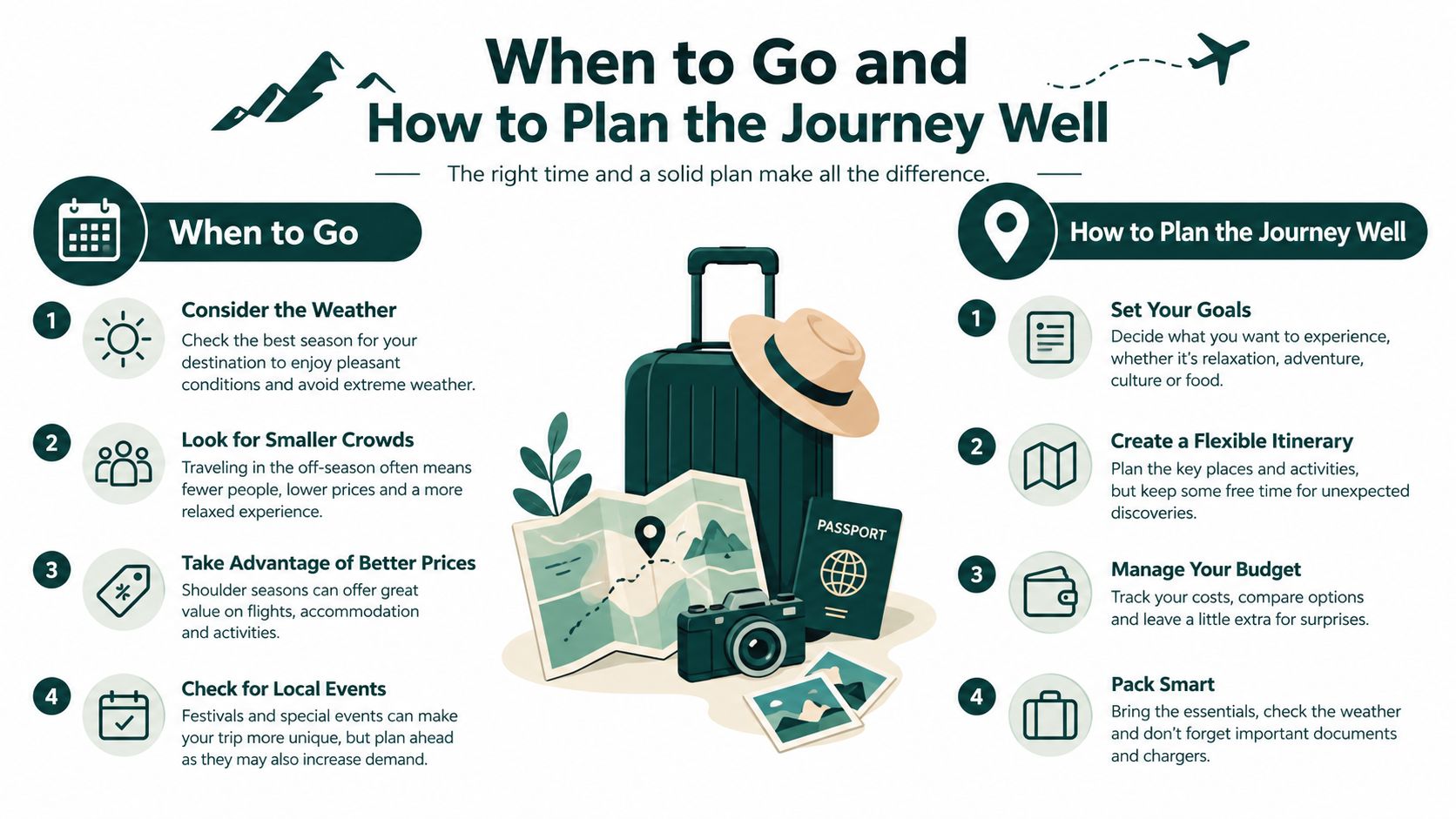 An infographic titled When to Go and How to Plan the Journey Well with travel planning tips.