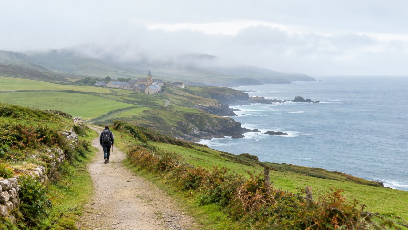 A hiker walking along a green coastal trail leading toward a remote stone village in Galicia, Spain.