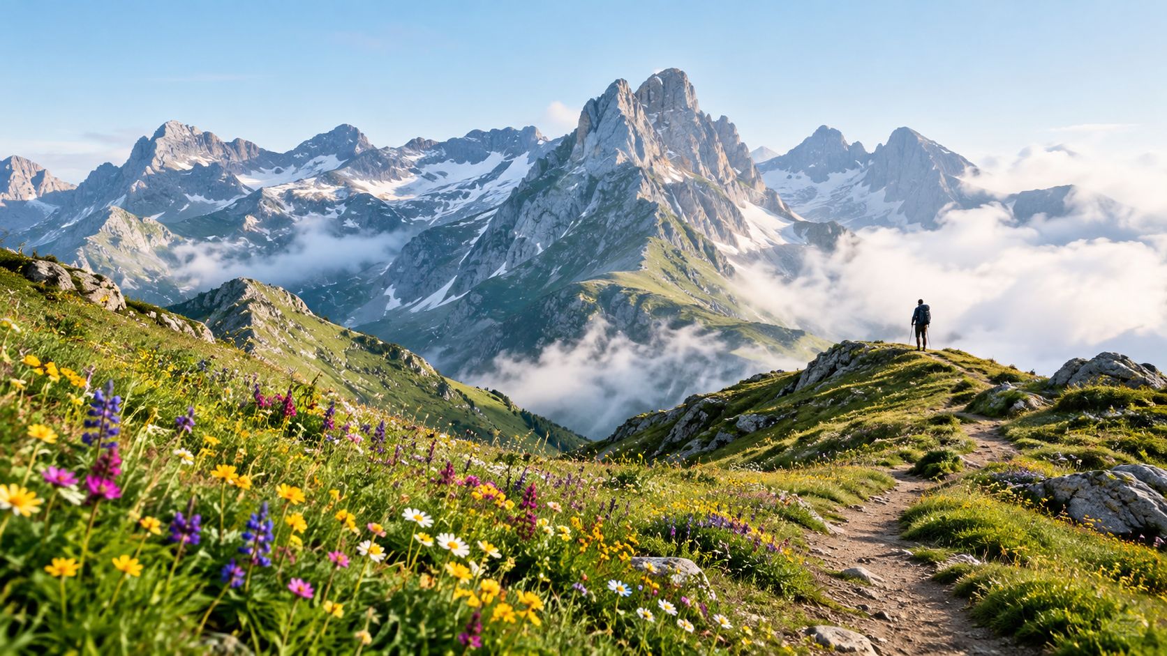 A hiker stands on a trail surrounded by vibrant wildflowers with breathtaking mountain peaks and clouds behind.