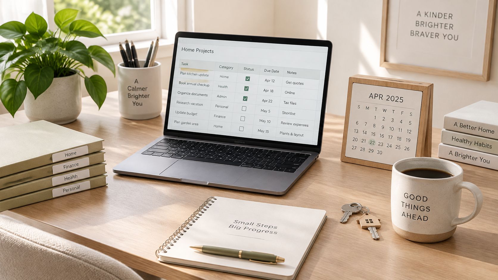 Un escritorio ordenado con un portátil mostrando una lista de tareas, un calendario y una taza de café.