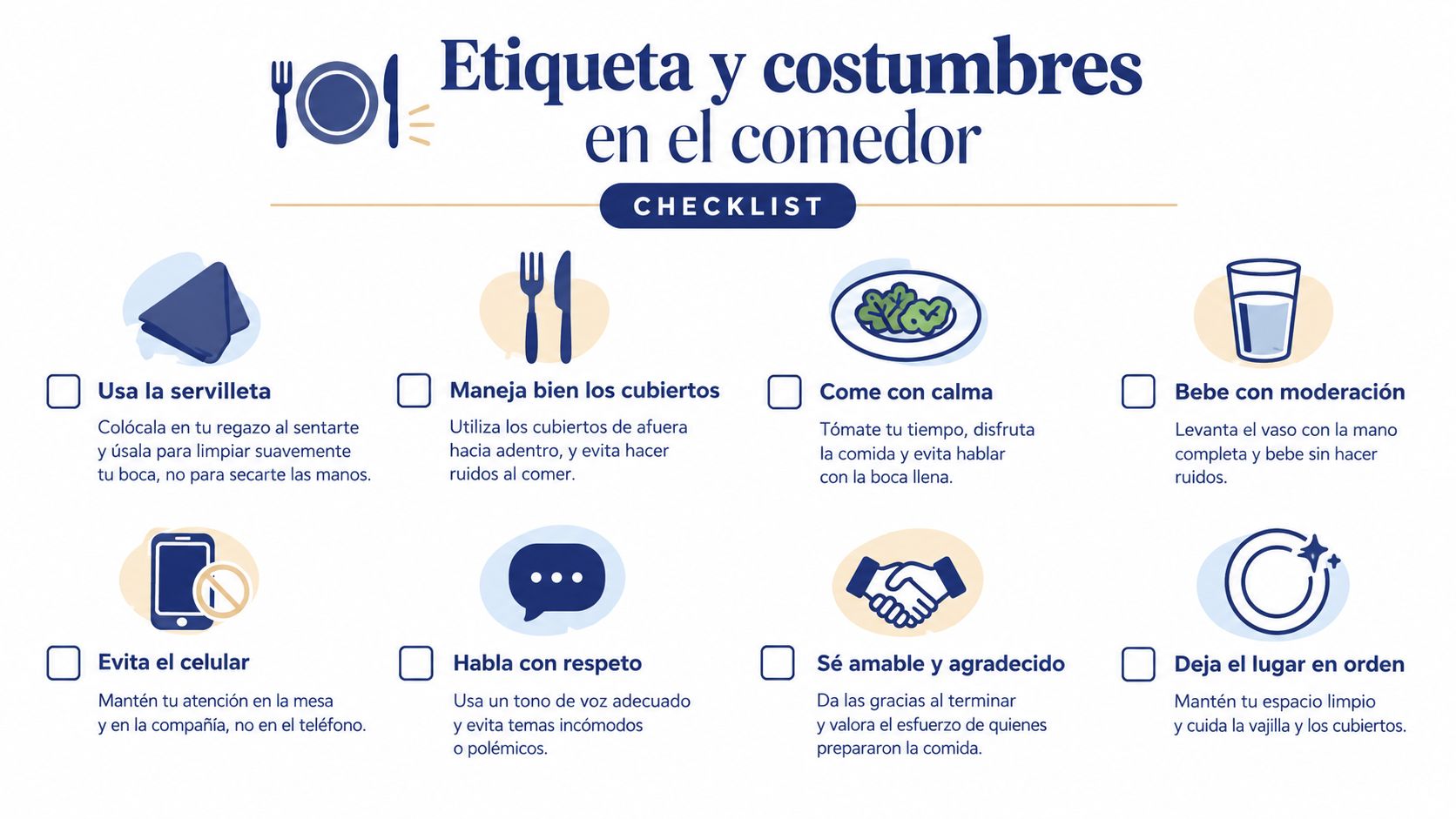 Infografía con una lista de verificación sobre etiqueta y buenos modales para comportarse correctamente en la mesa.