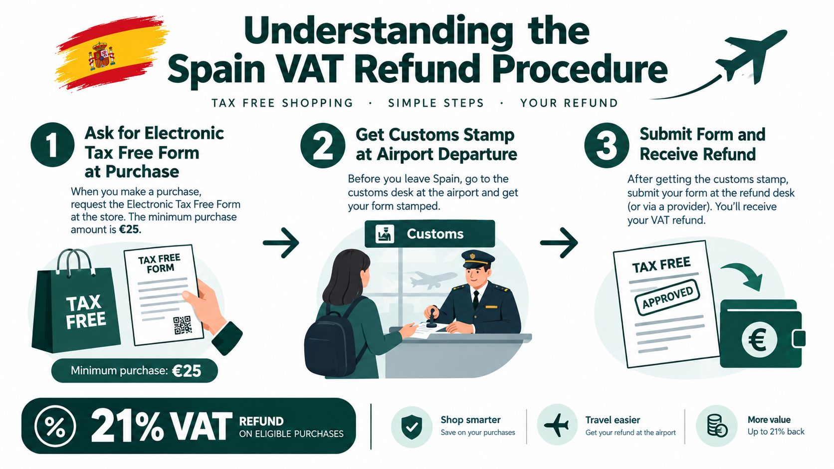 An infographic illustrating the three simple steps to obtain a VAT refund while shopping in Spain.