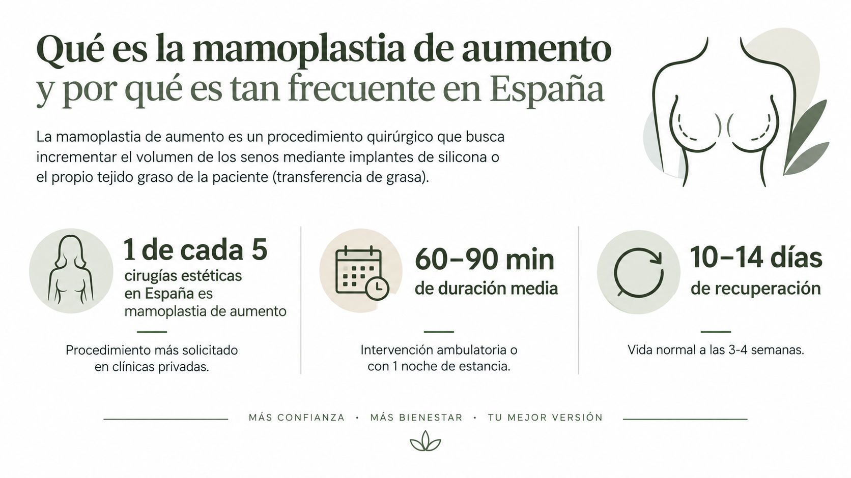 Infografía sobre la mamoplastia de aumento, explicando en qué consiste, su duración y tiempo de recuperación promedio.