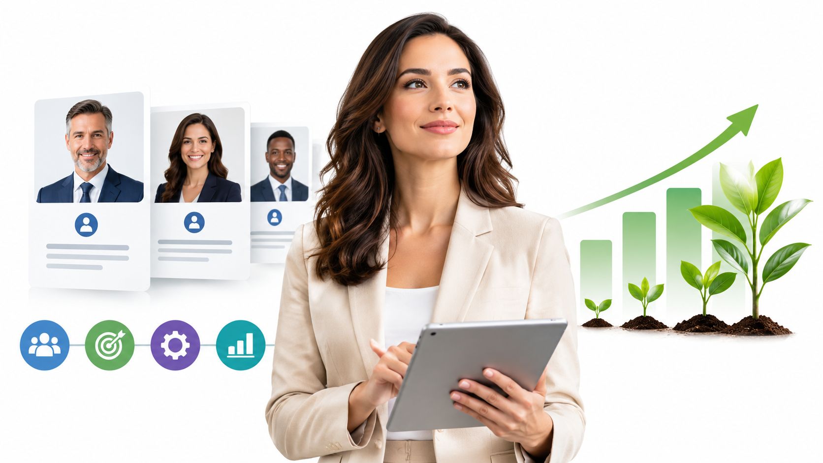 A businesswoman using a tablet with digital icons, professional headshots, and a growing plant chart behind her.