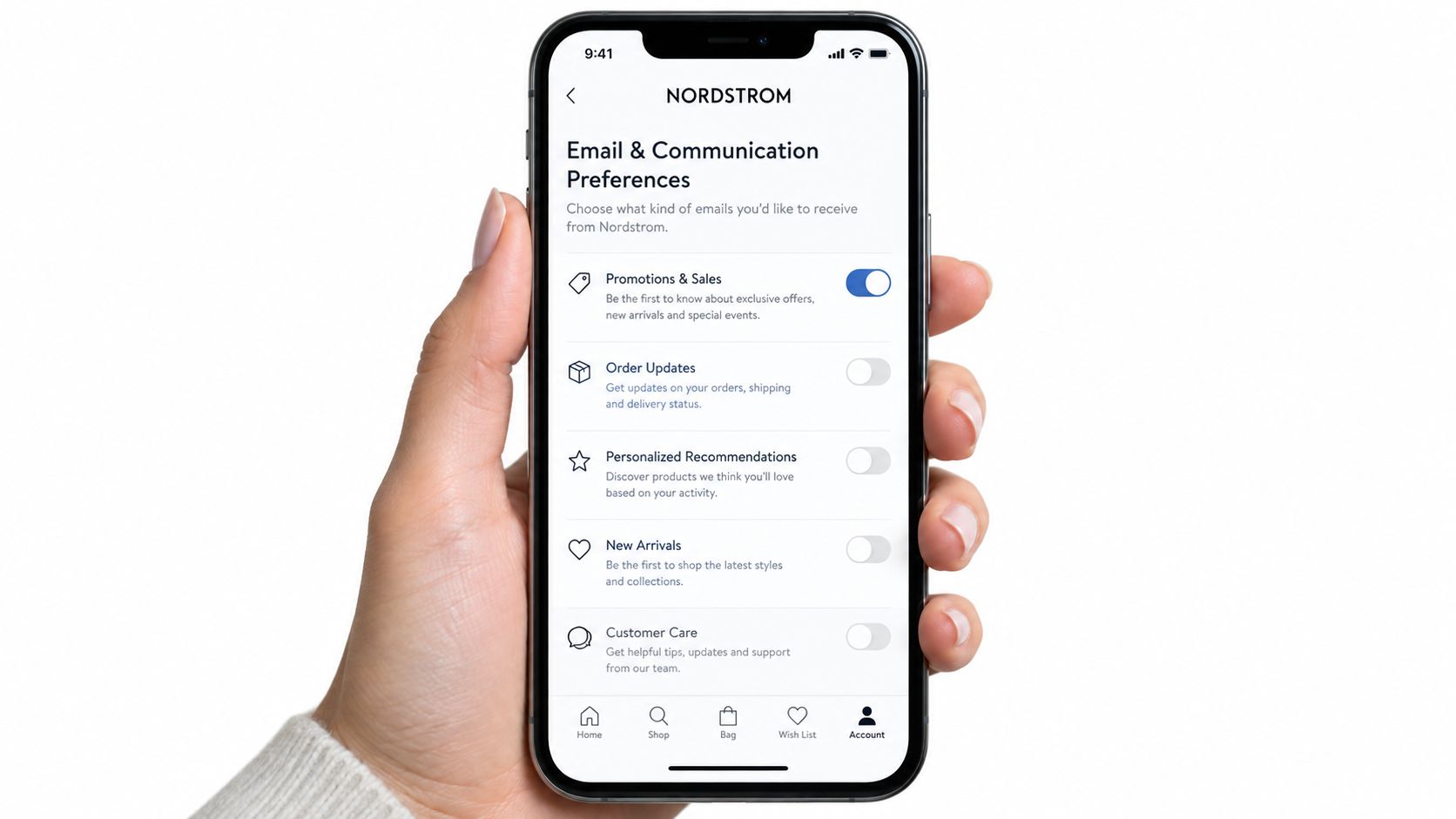 Screenshot from https://www.nordstrom.com/account/email-preferences